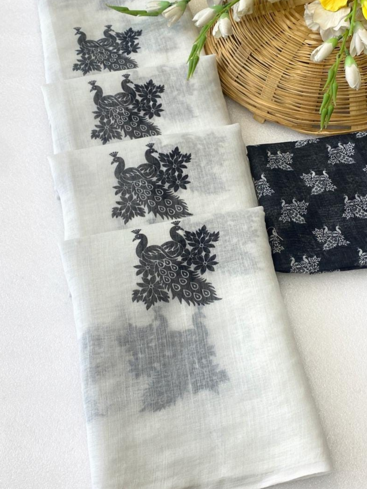 White Saree with Black Peacock Print