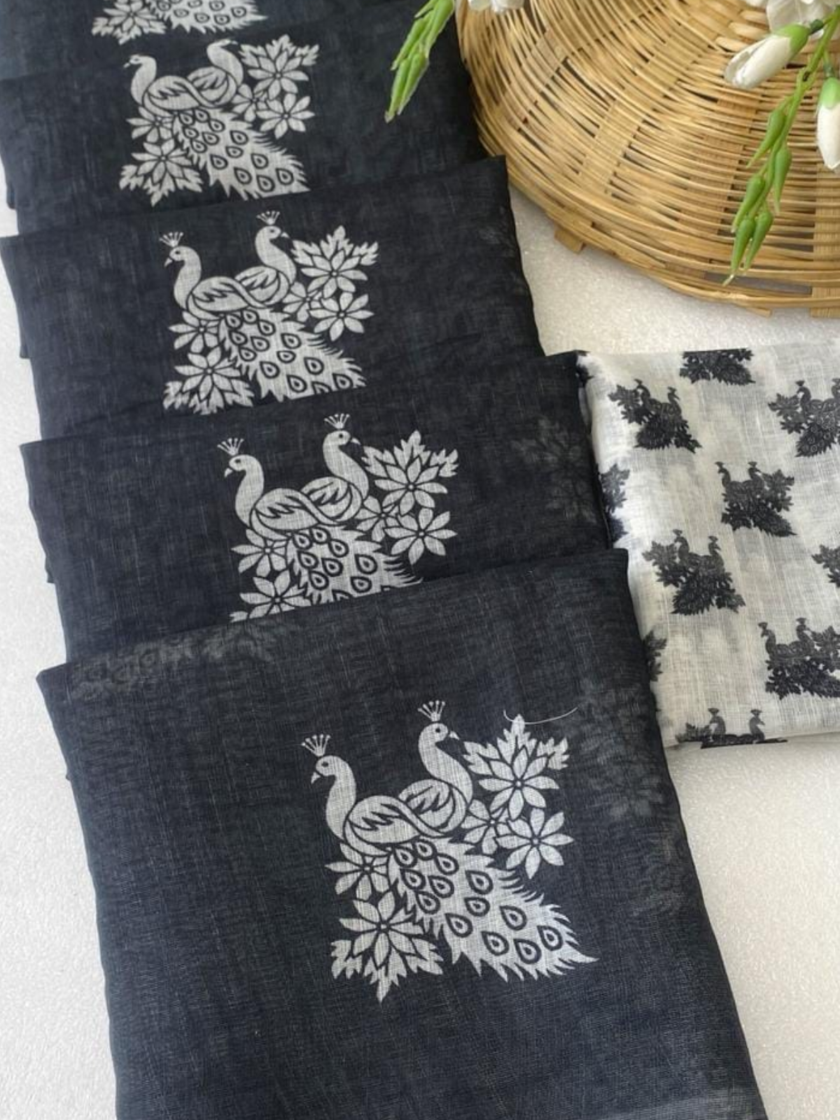 Charcoal Black Saree with Peacock Print