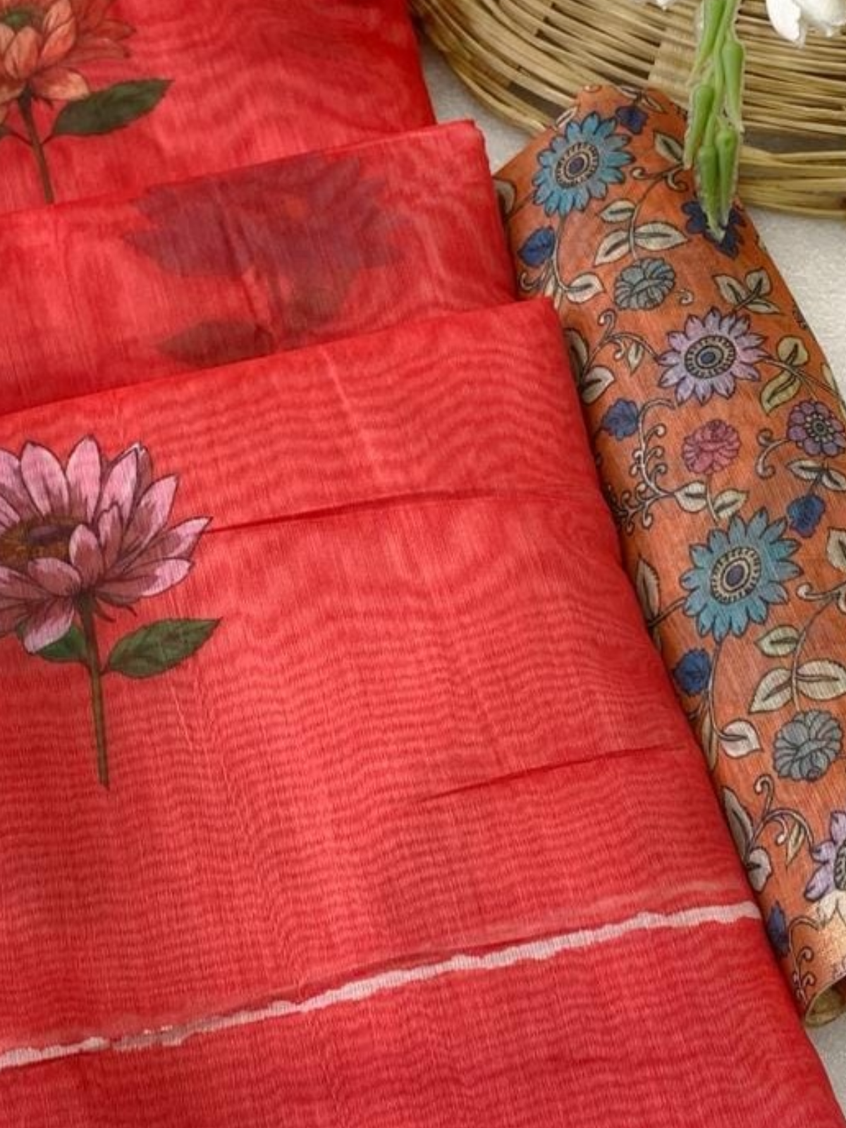 Orange Linen Saree with Soft Floral Design