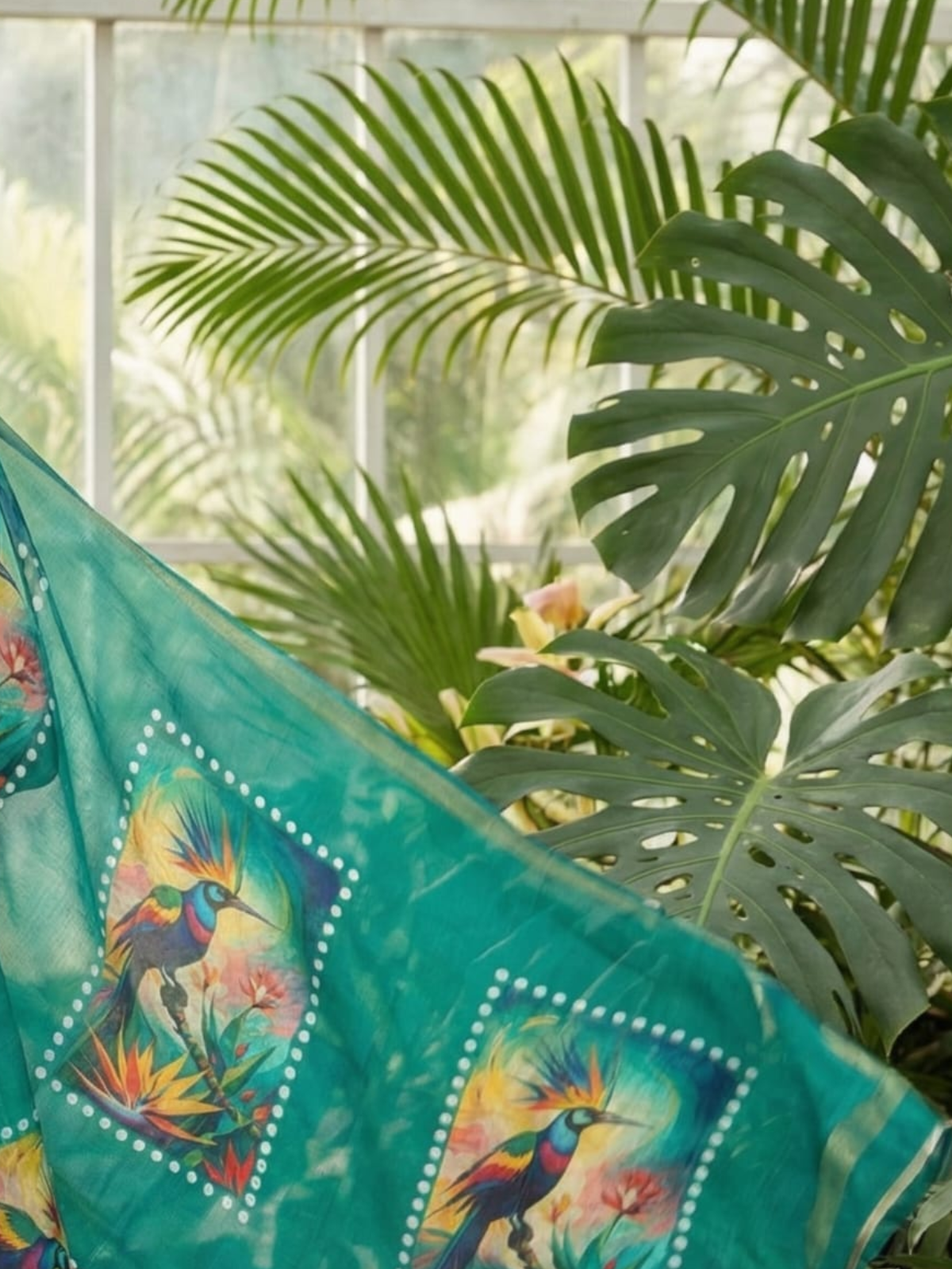 Graceful Green Linen Saree with Bird Motif Print