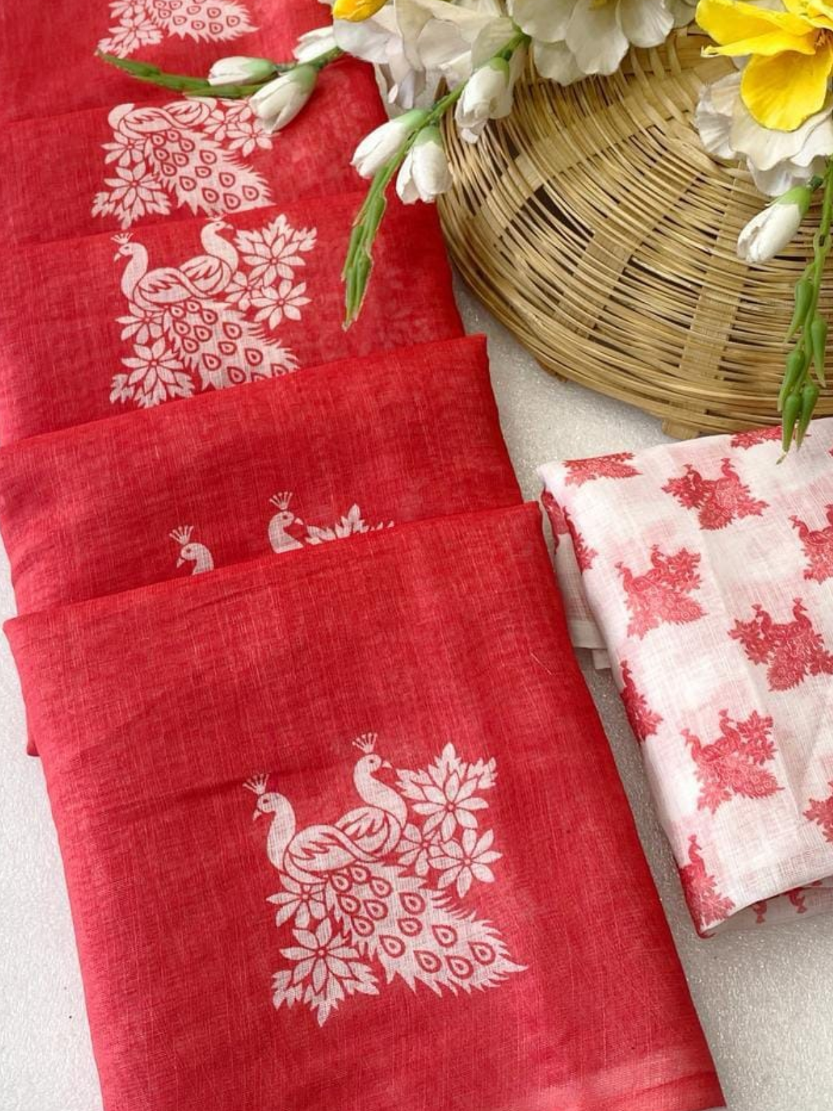 Elegant Red Organza Saree with Peacock Print