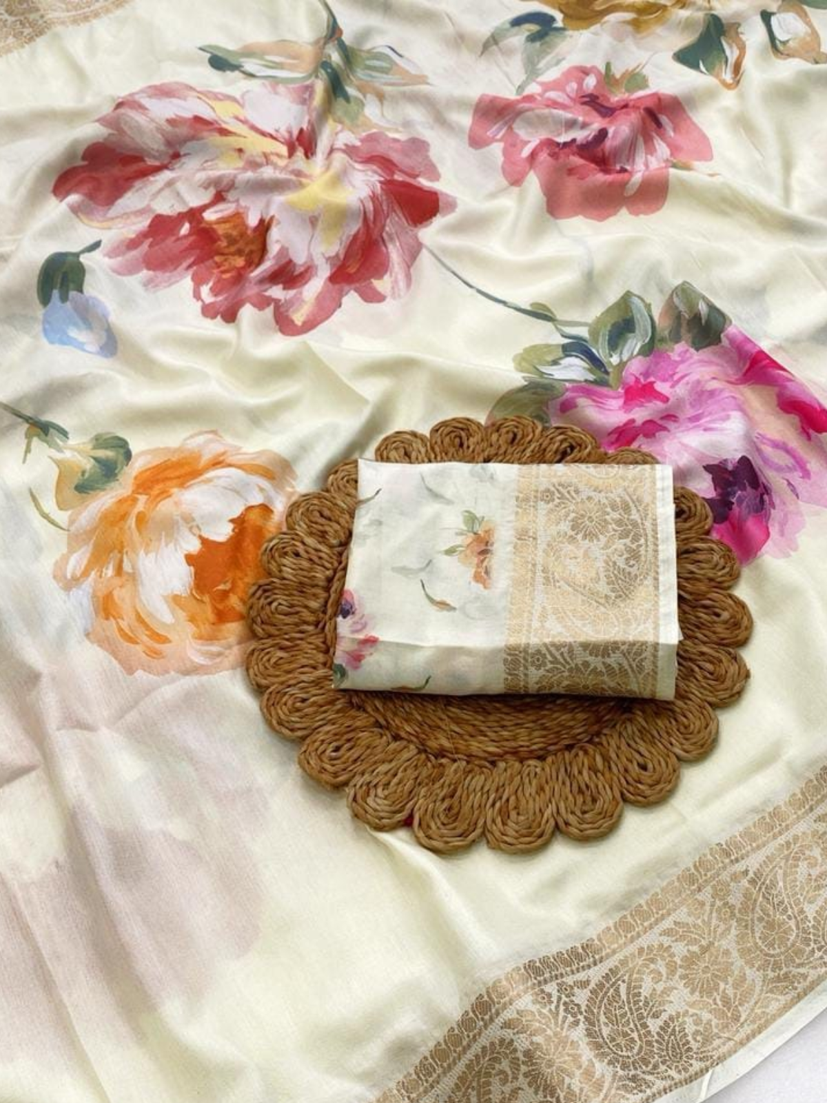 Pastel Floral Cream Saree with Golden Border