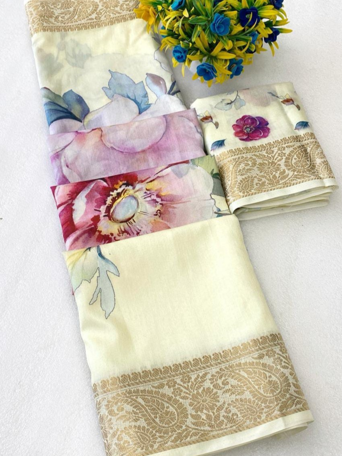 Cream Saree with Blue Floral Print & Gold Border