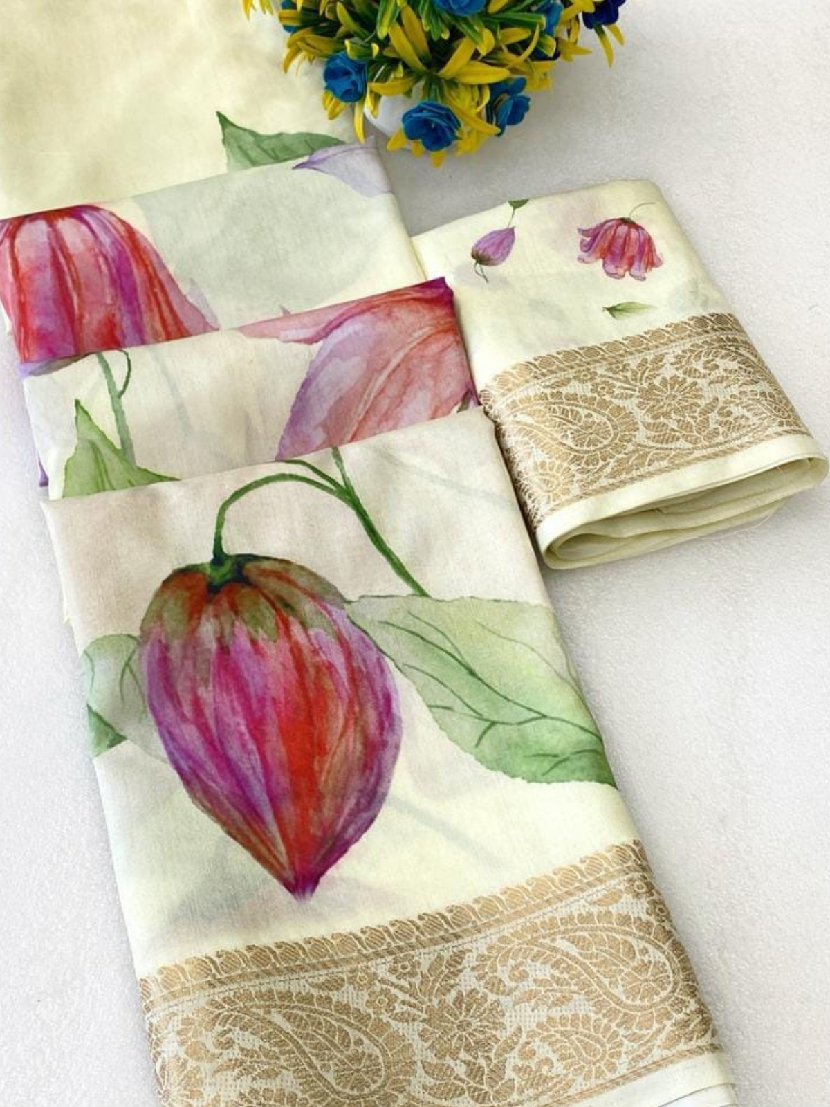 Designer Cream Multicolor Floral Saree