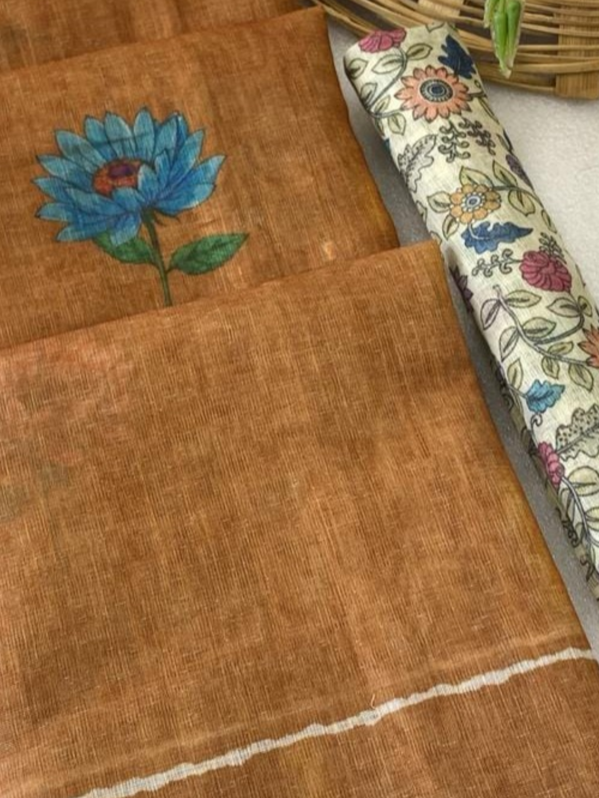 Rust Brown Linen Saree with Floral Print