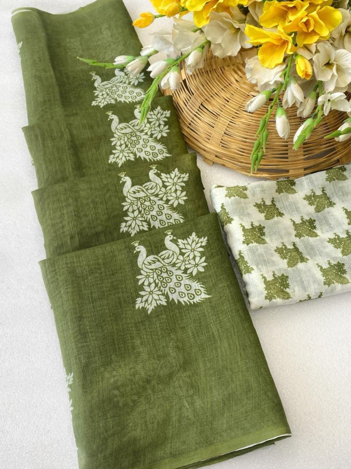 Olive Green Designer Saree with Peacock Print