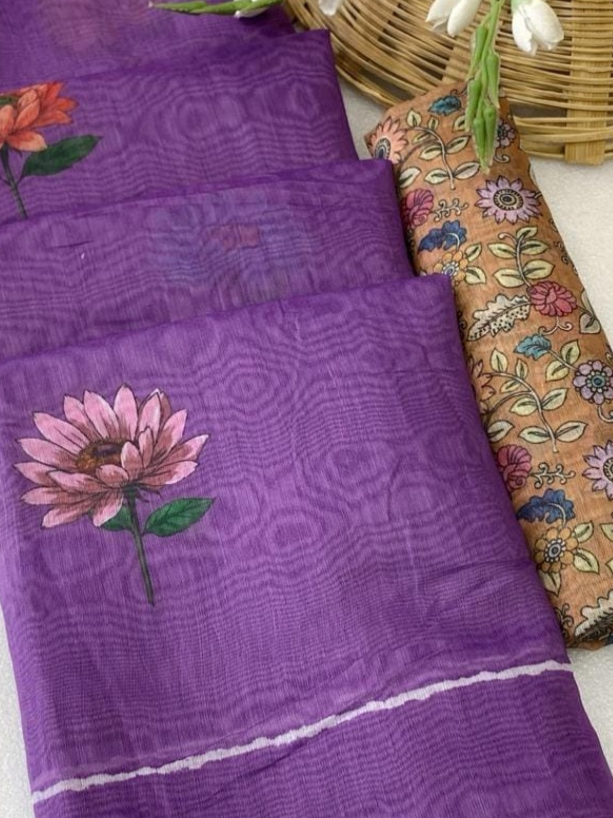 Purple Linen Saree with Black Floral Print