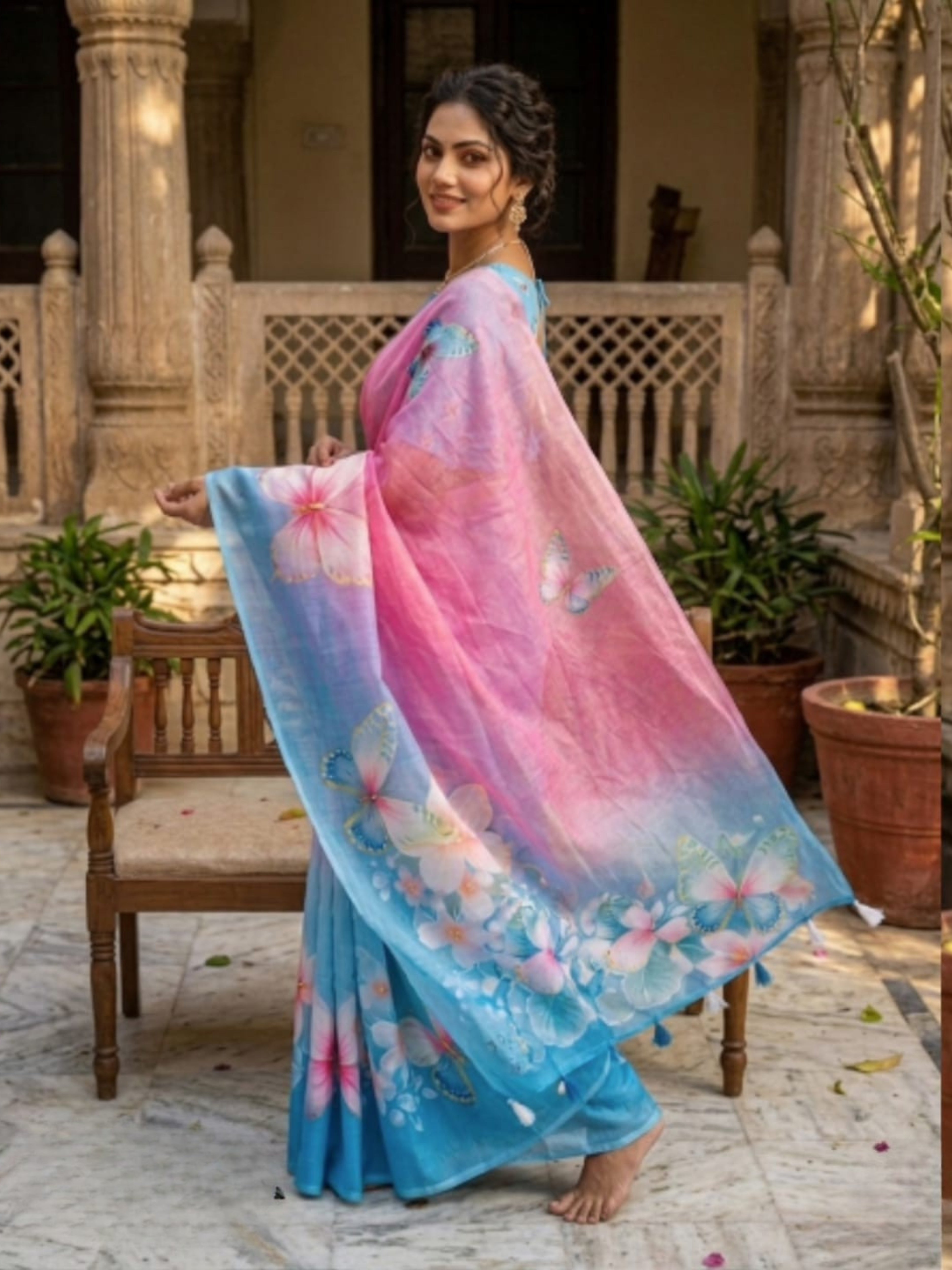 Butterfly Blossom Ombre Linen Saree