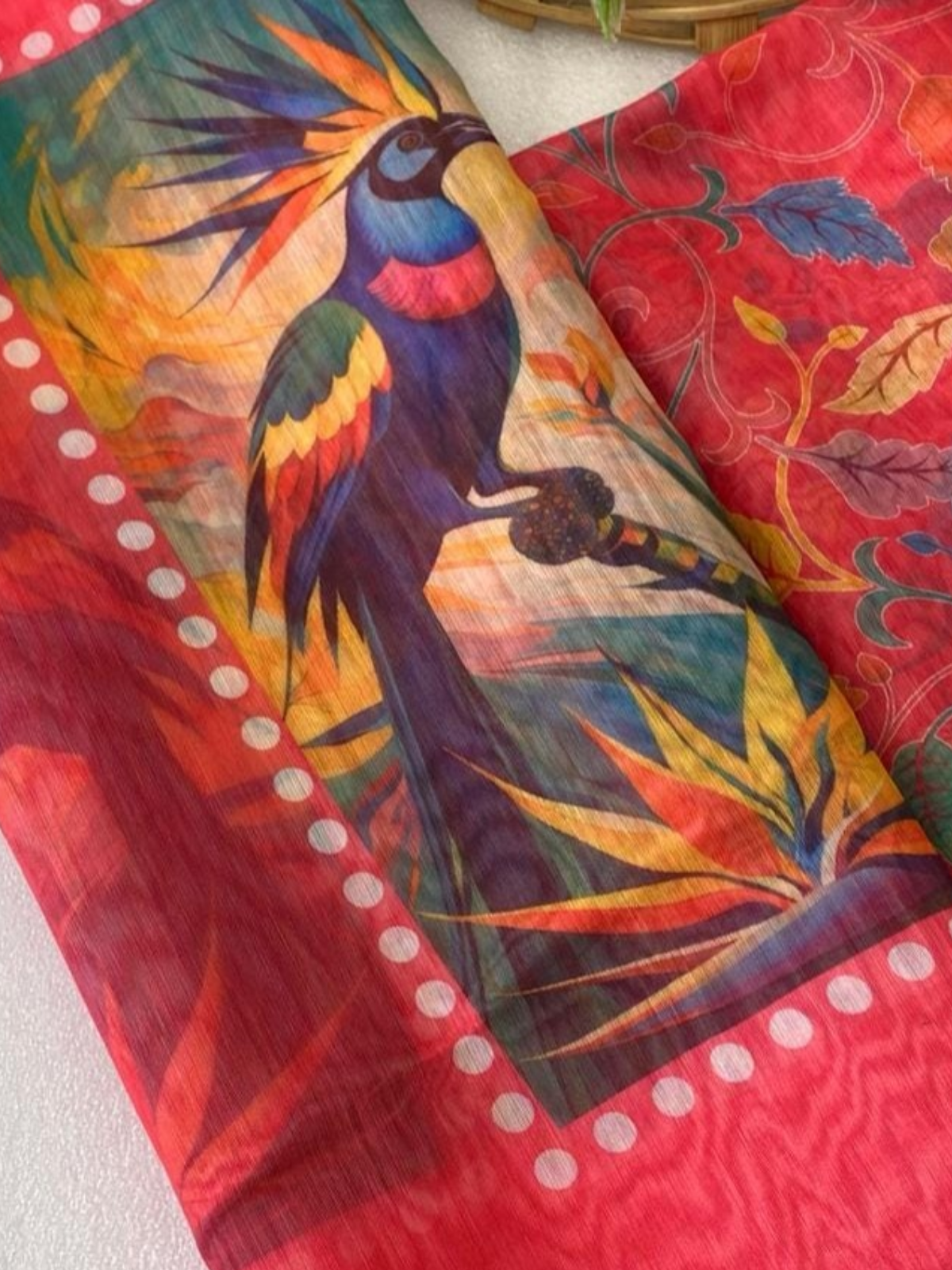 Bold Red Linen Saree with Artistic Bird Print