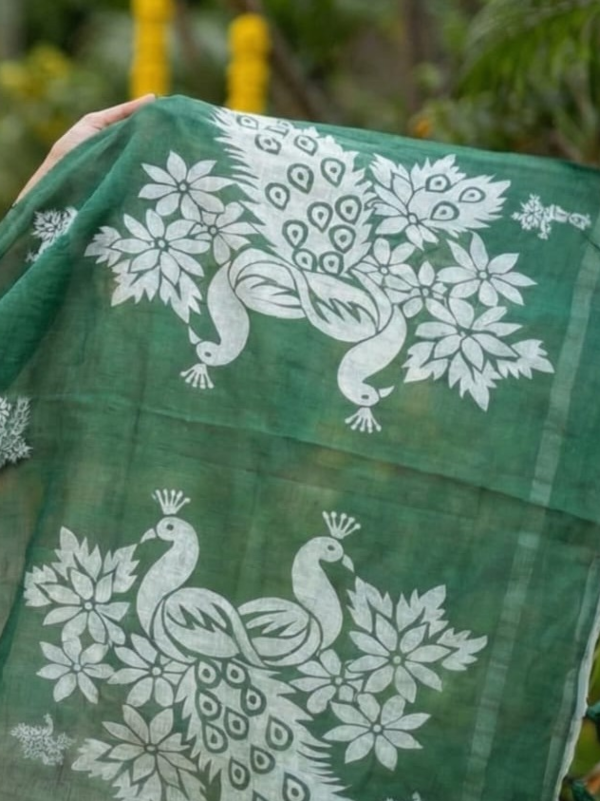 Dark Green Elegant Saree with Peacock Print