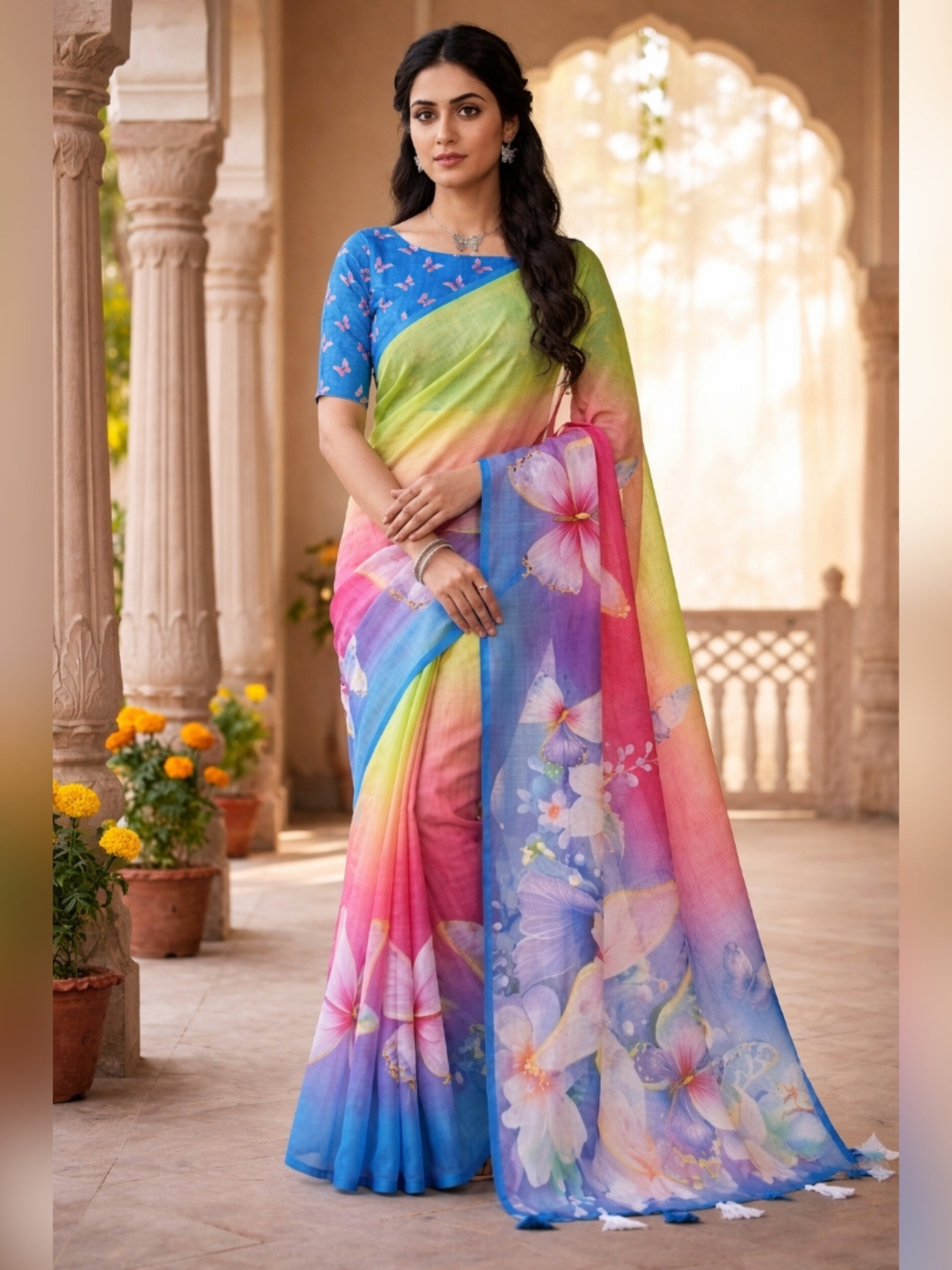 Butterfly Blossom Ombre Linen Saree