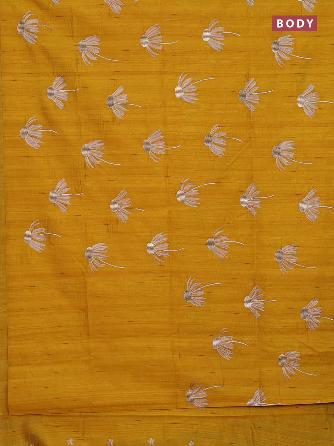 Semi raw silk saree mustard yellow with floral embroidery work buttas in borderless style