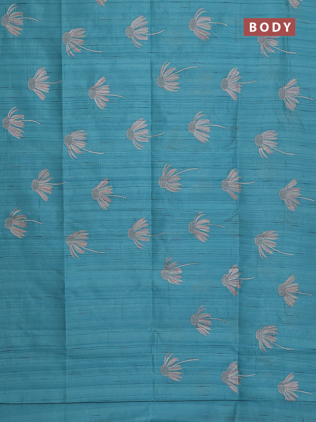 Semi raw silk saree teal blue with floral embroidery work buttas in borderless style