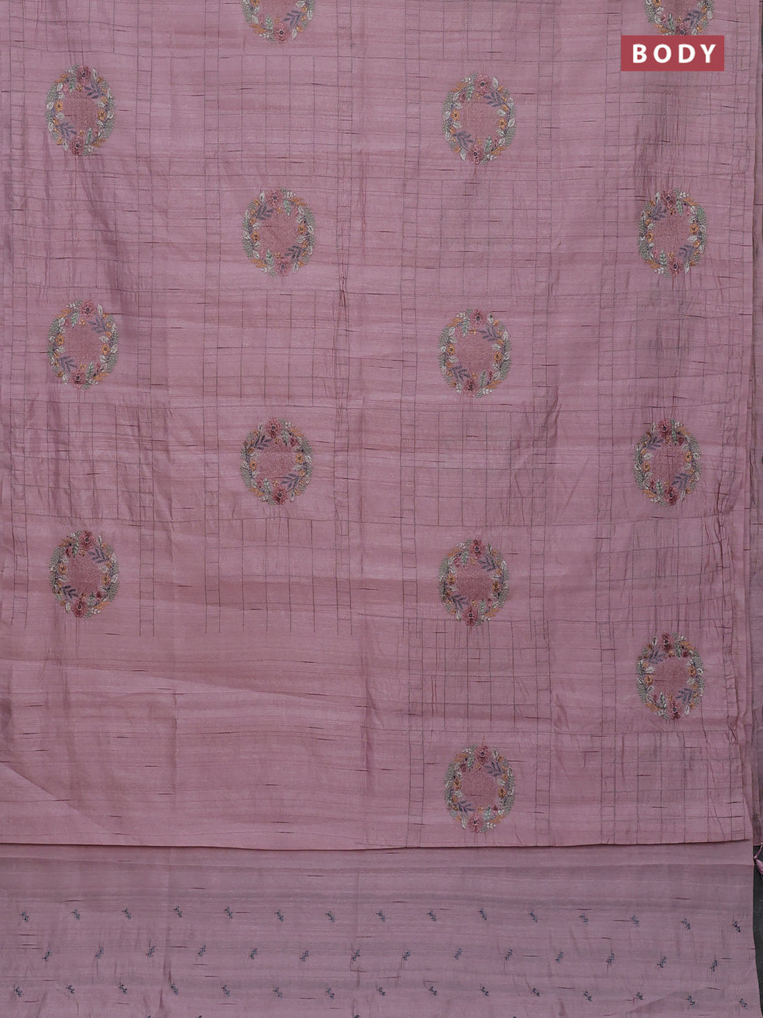 Semi raw silk saree pastel pink with allover embroidery work buttas in borderless style