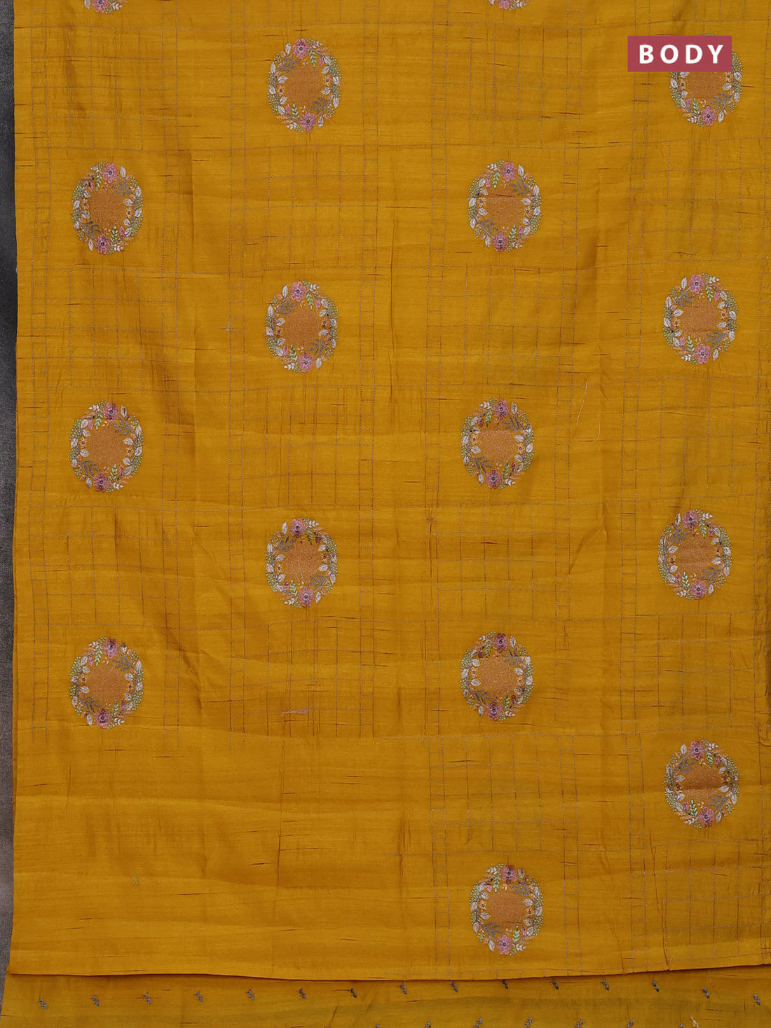 Semi raw silk saree mustard yellow with allover embroidery work buttas in borderless style