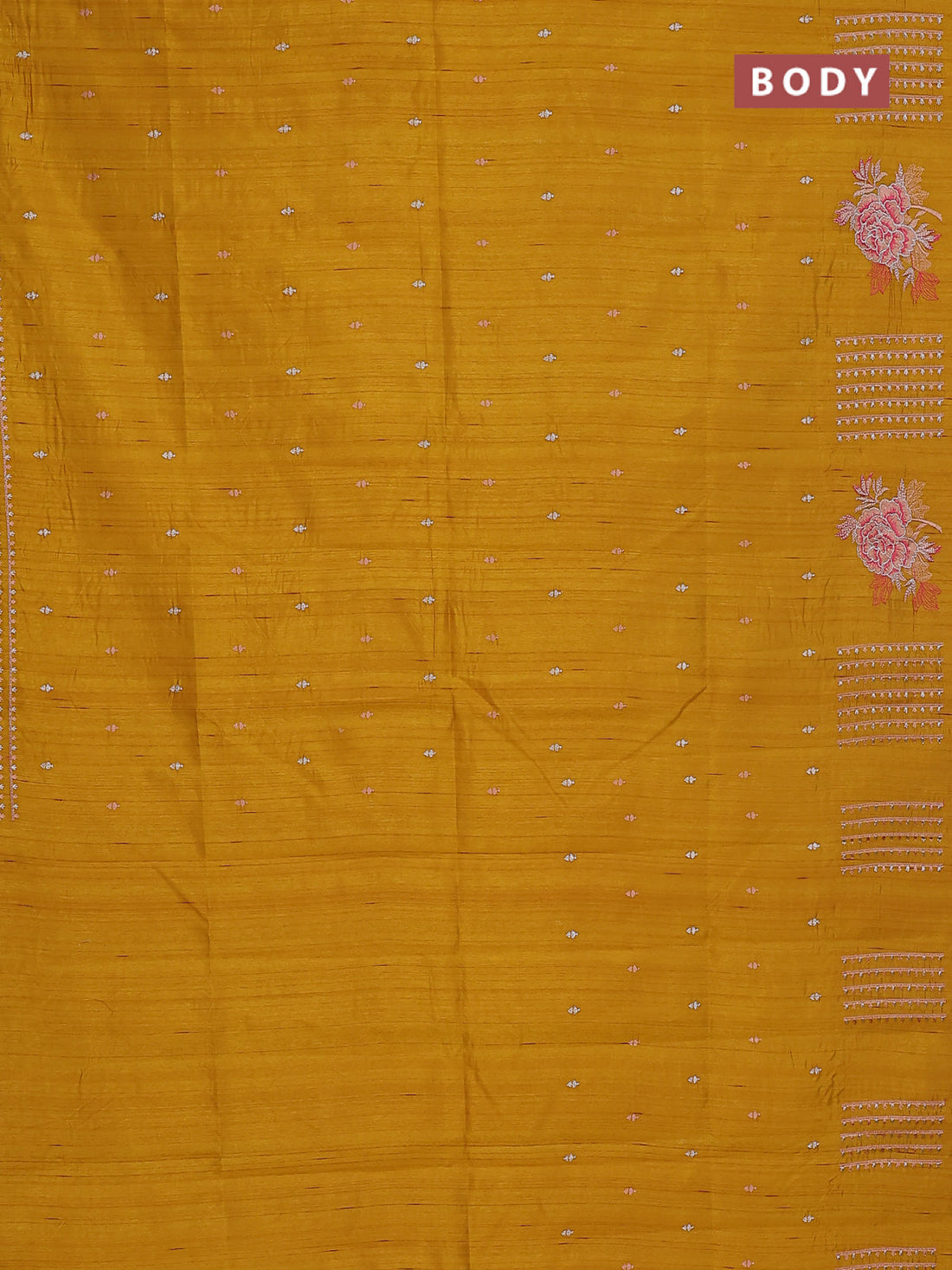 Semi raw silk saree dark mustard with embroidery buttas and embroidery butta border