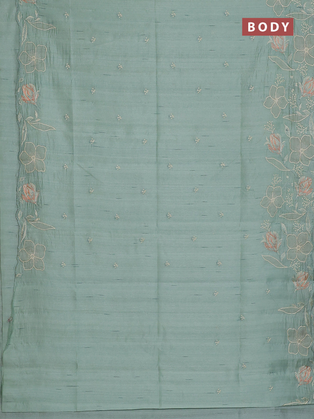 Semi raw silk saree pastel green with embroidery work buttas and floral embroidery border