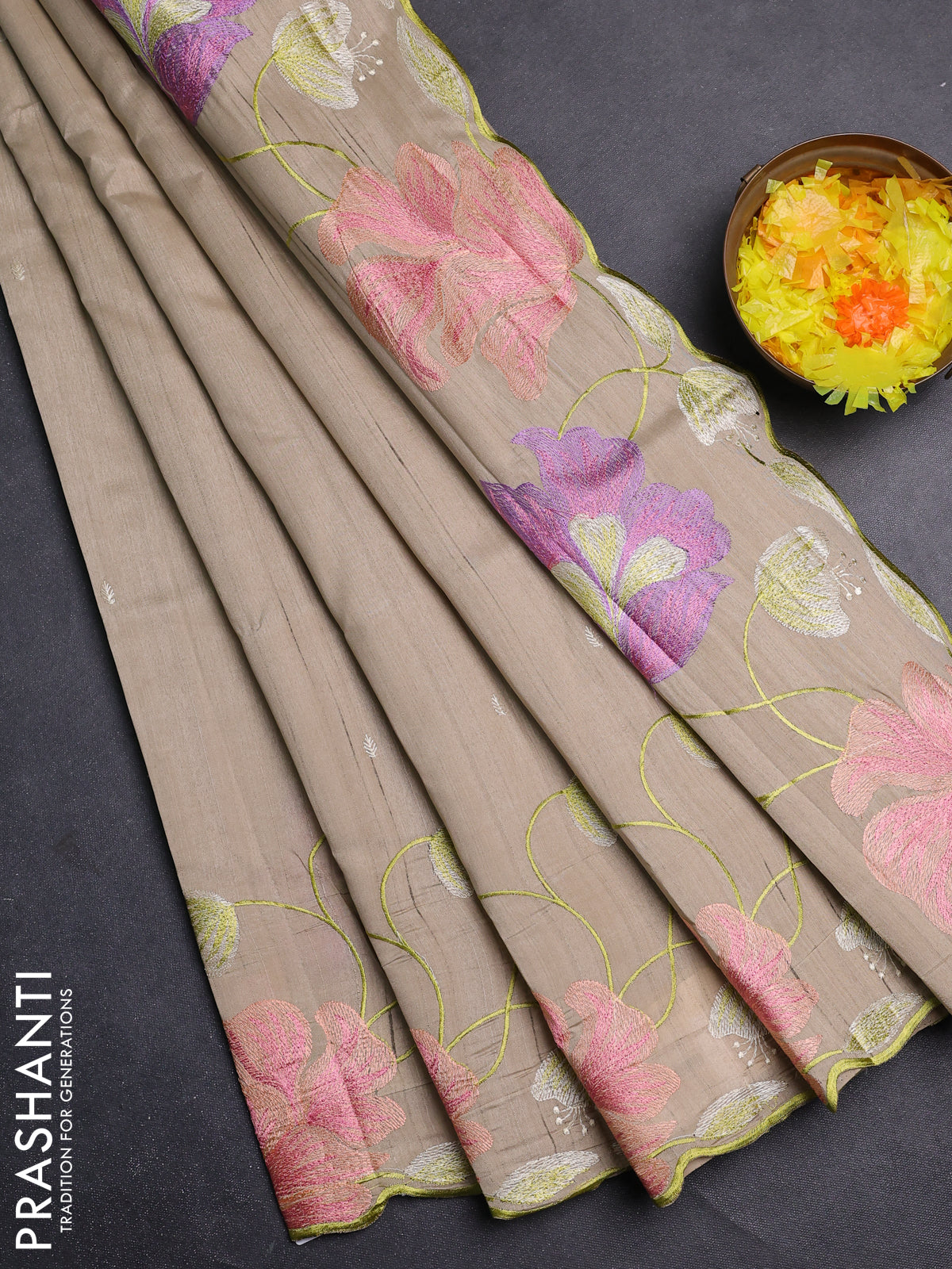 Semi raw silk saree beige with embroidery work buttas and floral embroidery border