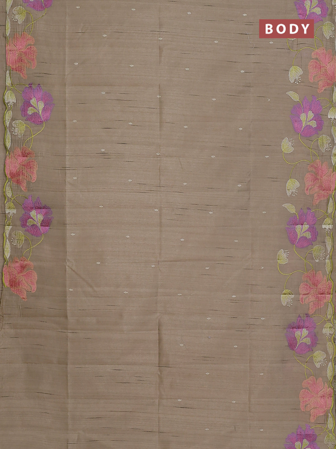 Semi raw silk saree beige with embroidery work buttas and floral embroidery border