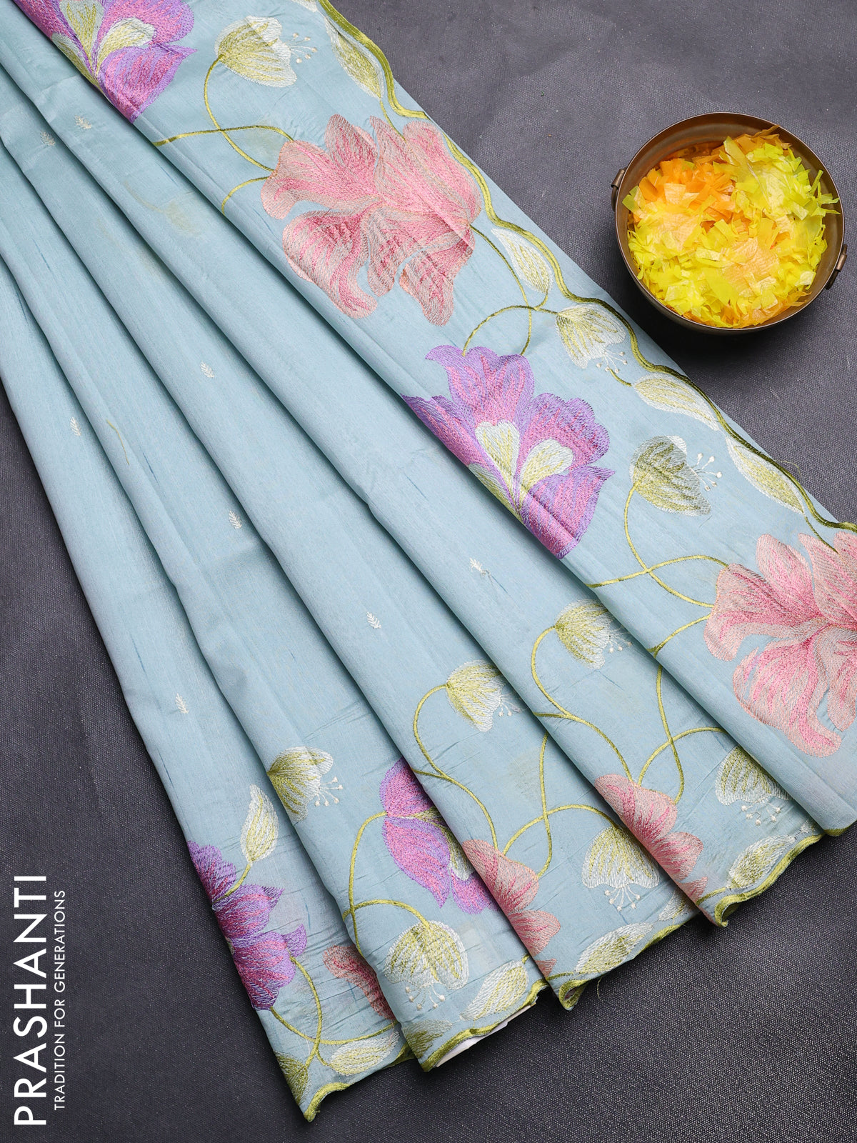 Semi raw silk saree pastel blue with embroidery work buttas and floral embroidery border