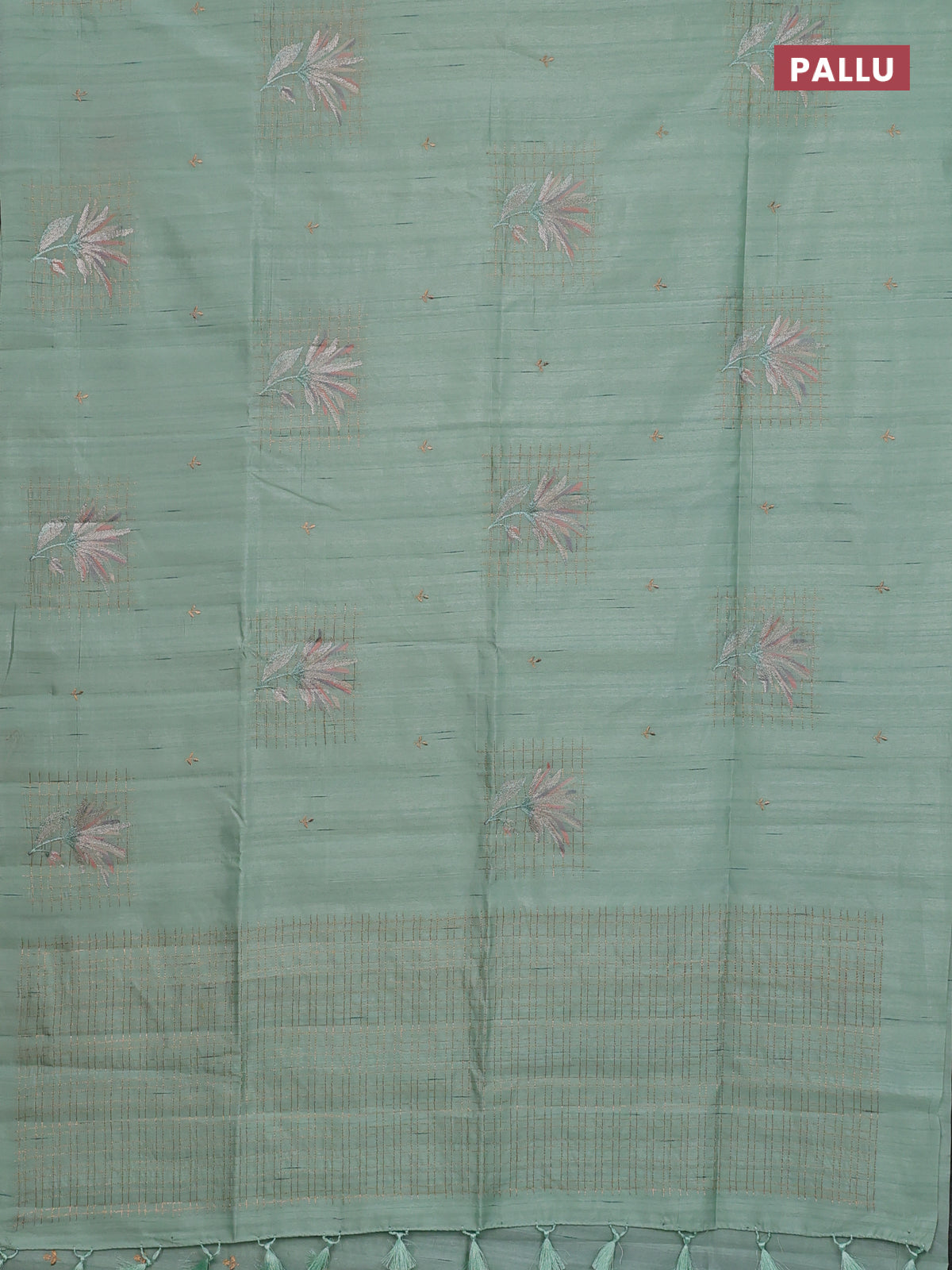 Semi raw silk saree pastel green with embroidery buttas and embroidery butta border