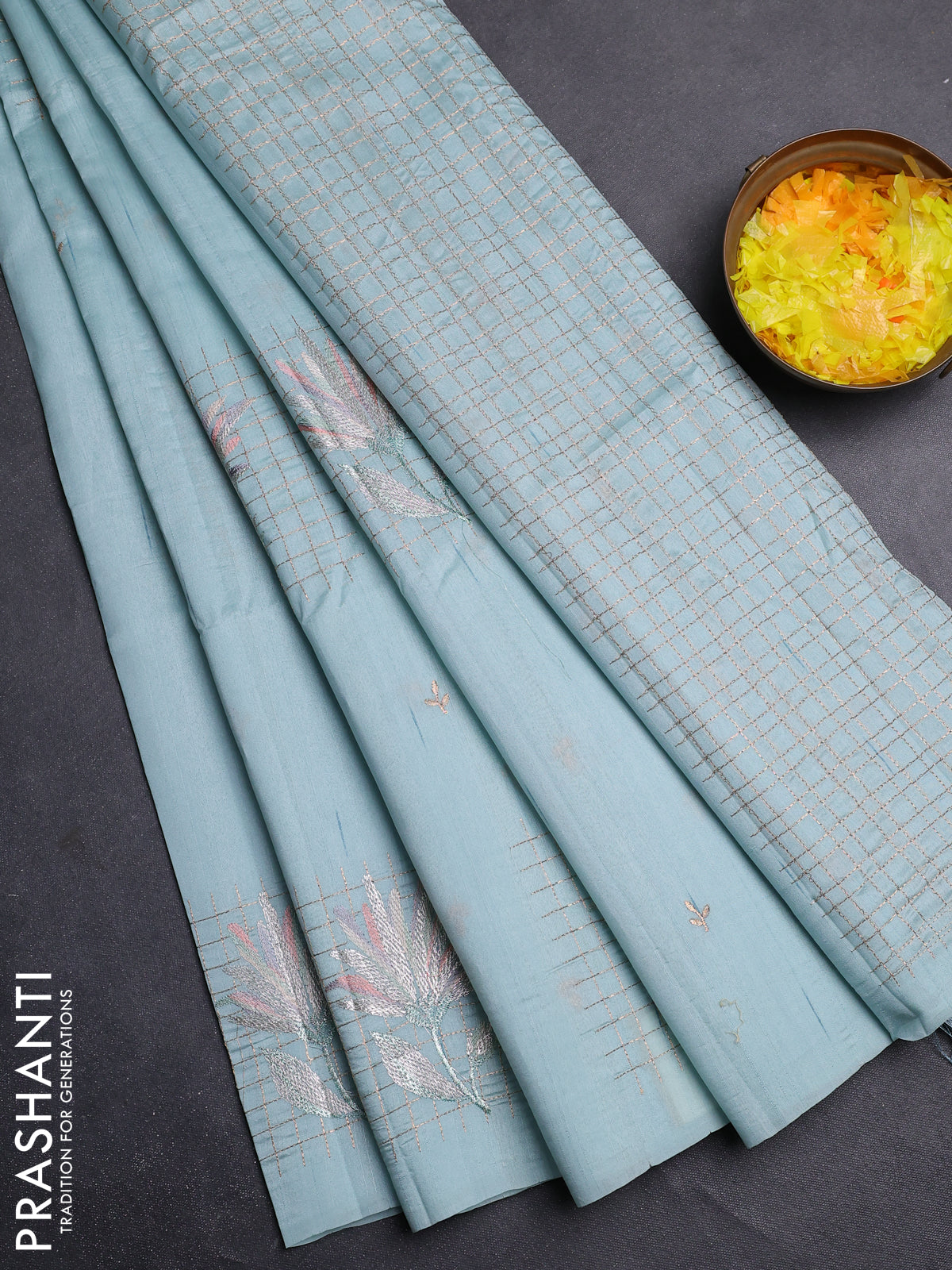 Semi raw silk saree pastel blue with embroidery buttas and embroidery butta border