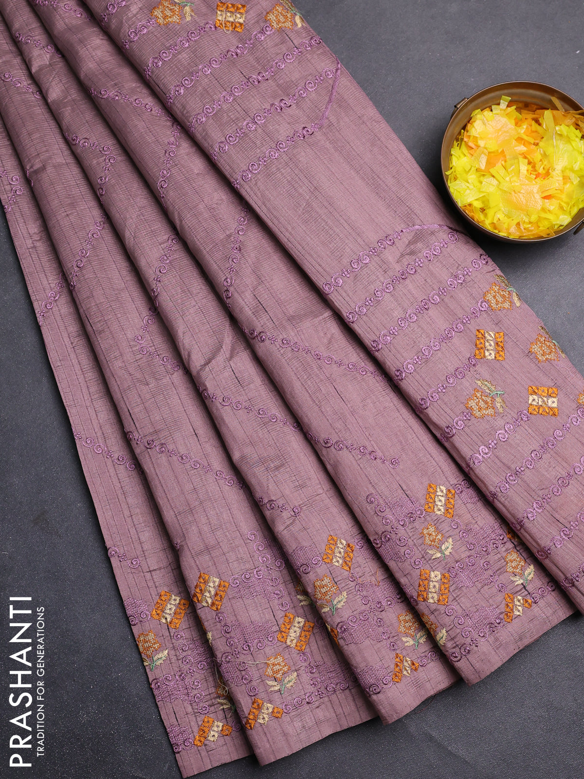 Semi raw silk saree pastel purple shade with allover embrodery work and embroidery border