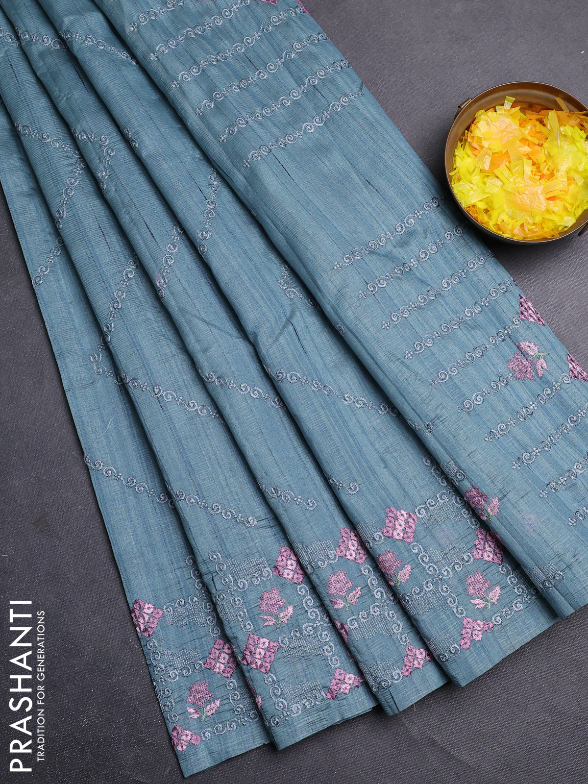 Semi raw silk saree pastel blue shade with allover embrodery work and embroidery border