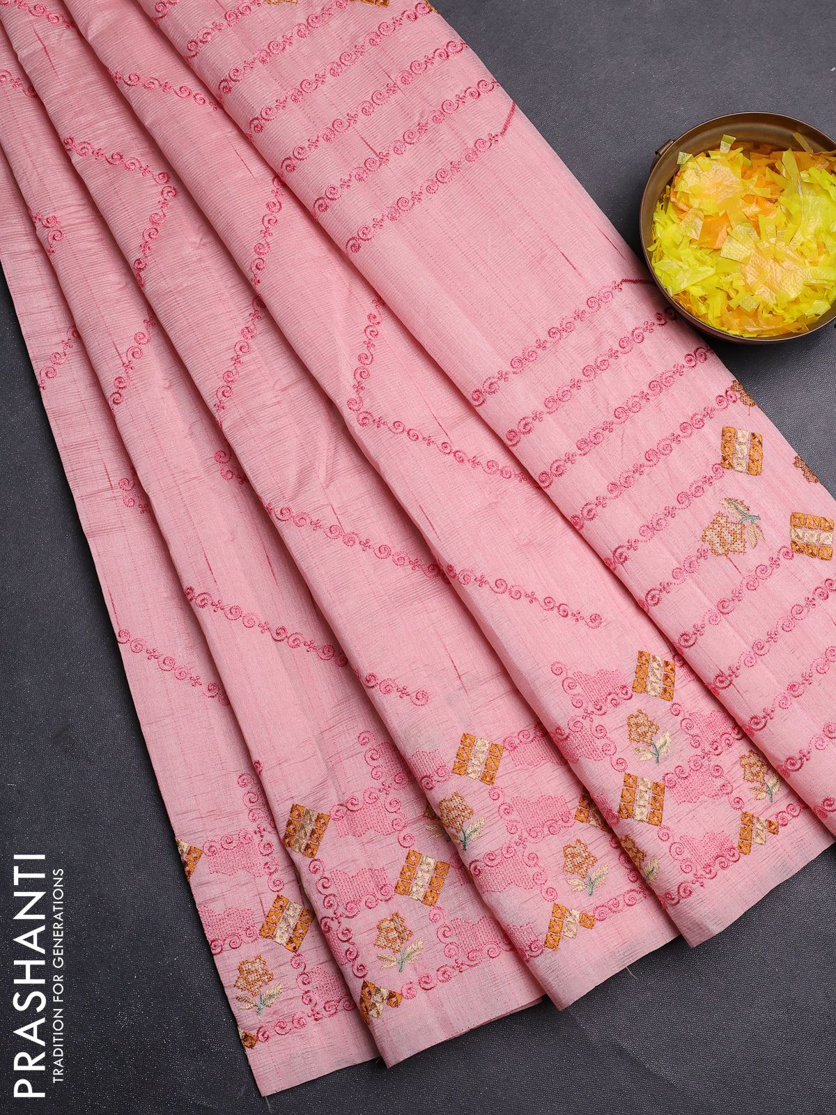 Semi raw silk saree mild peach pink with allover embrodery work and embroidery border