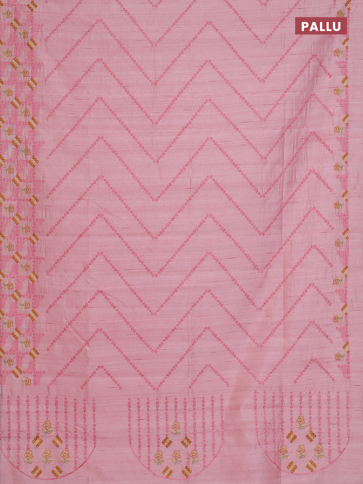 Semi raw silk saree mild peach pink with allover embrodery work and embroidery border