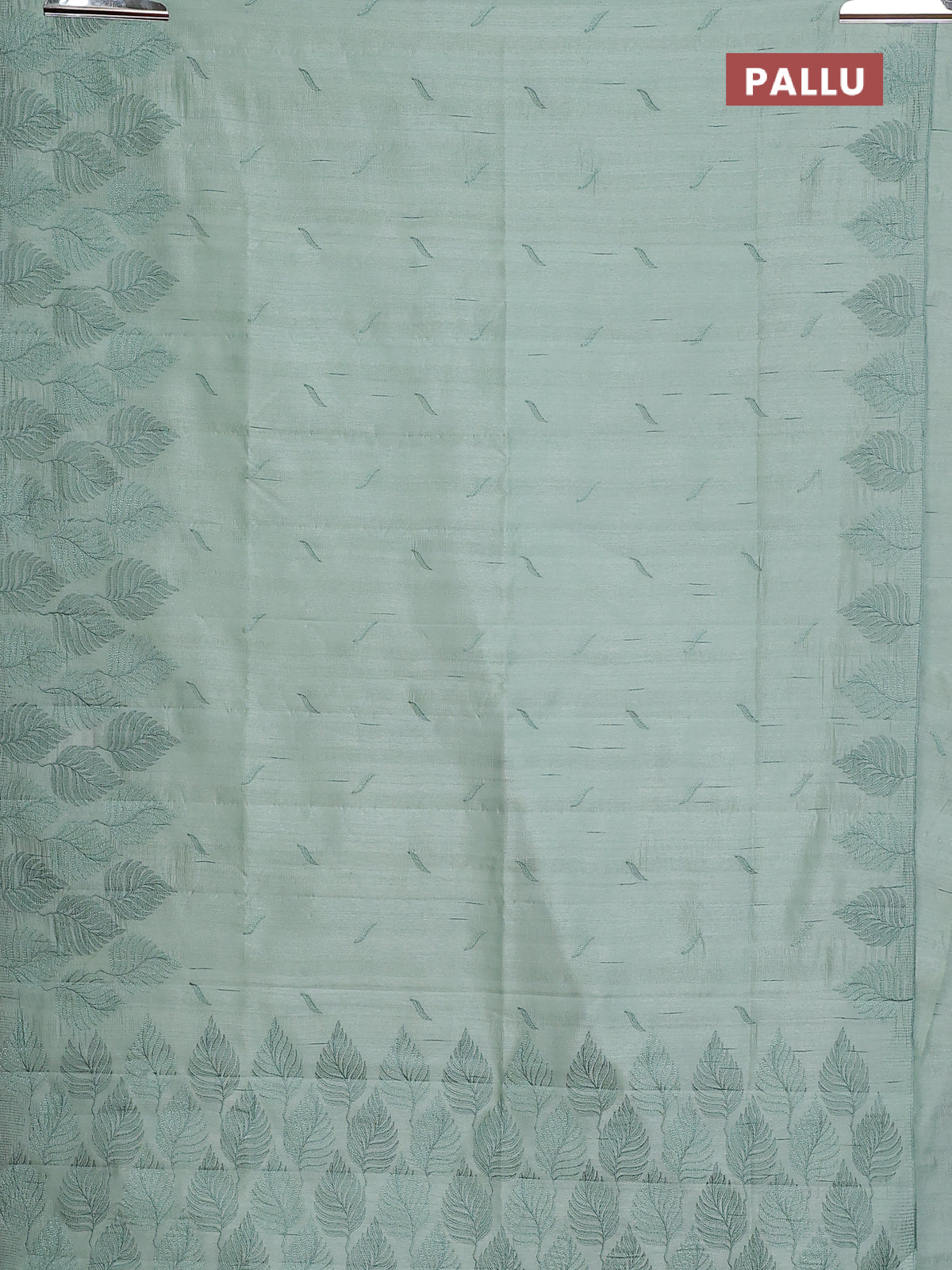Semi raw silk saree pastel green with embroidery buttas and leaf embroidery border