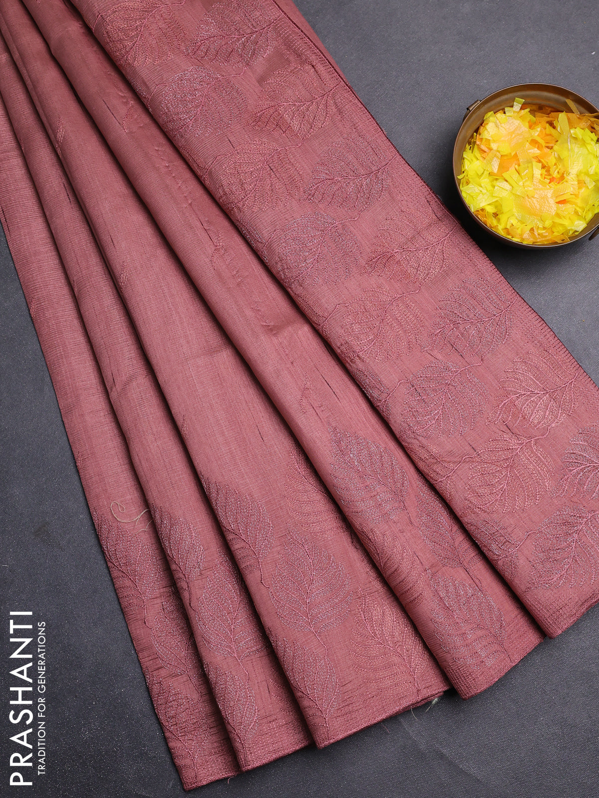 Semi raw silk saree brown with embroidery buttas and leaf embroidery border