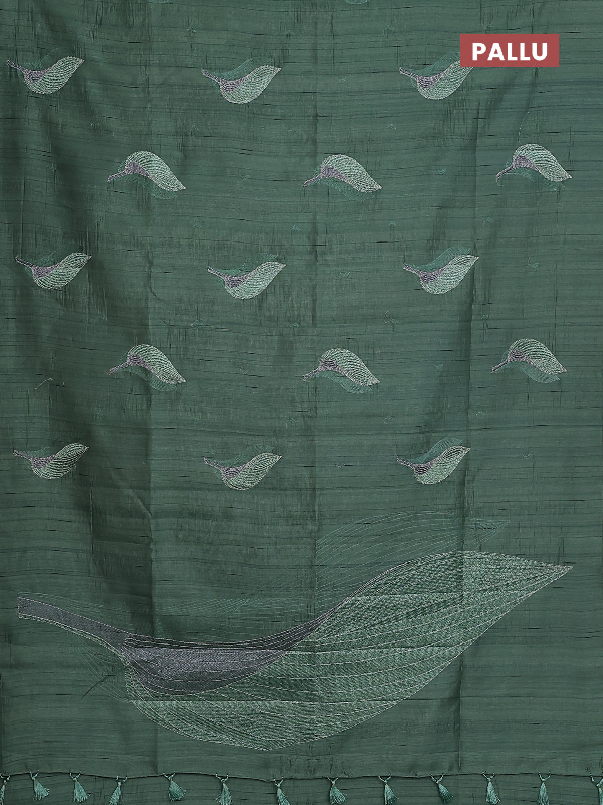 Semi raw silk saree green shade with leaf embroidery buttas in borderless style