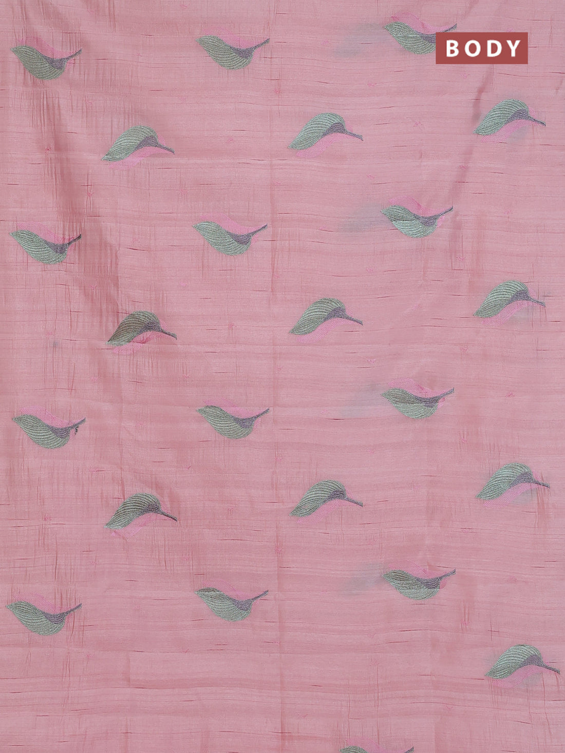 Semi raw silk saree peach shade with leaf embroidery buttas in borderless style