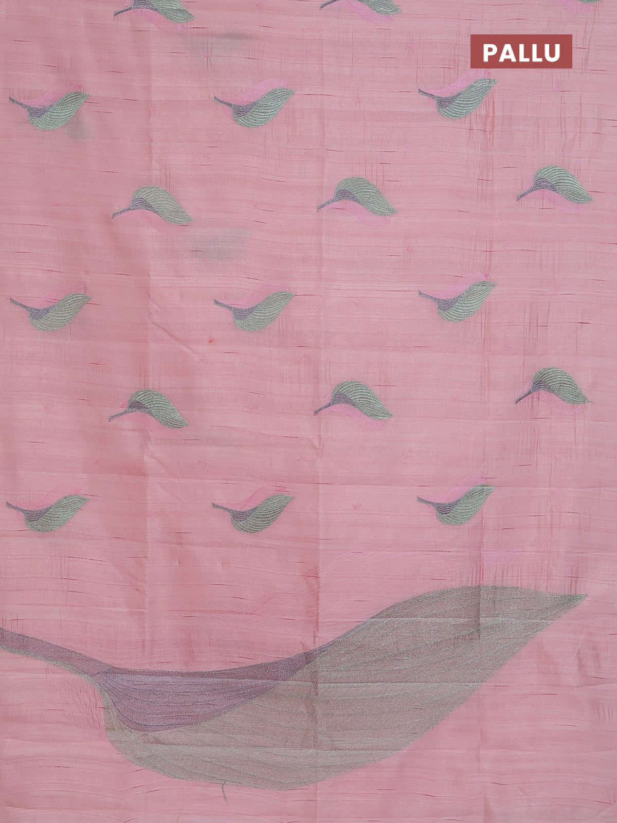 Semi raw silk saree peach shade with leaf embroidery buttas in borderless style