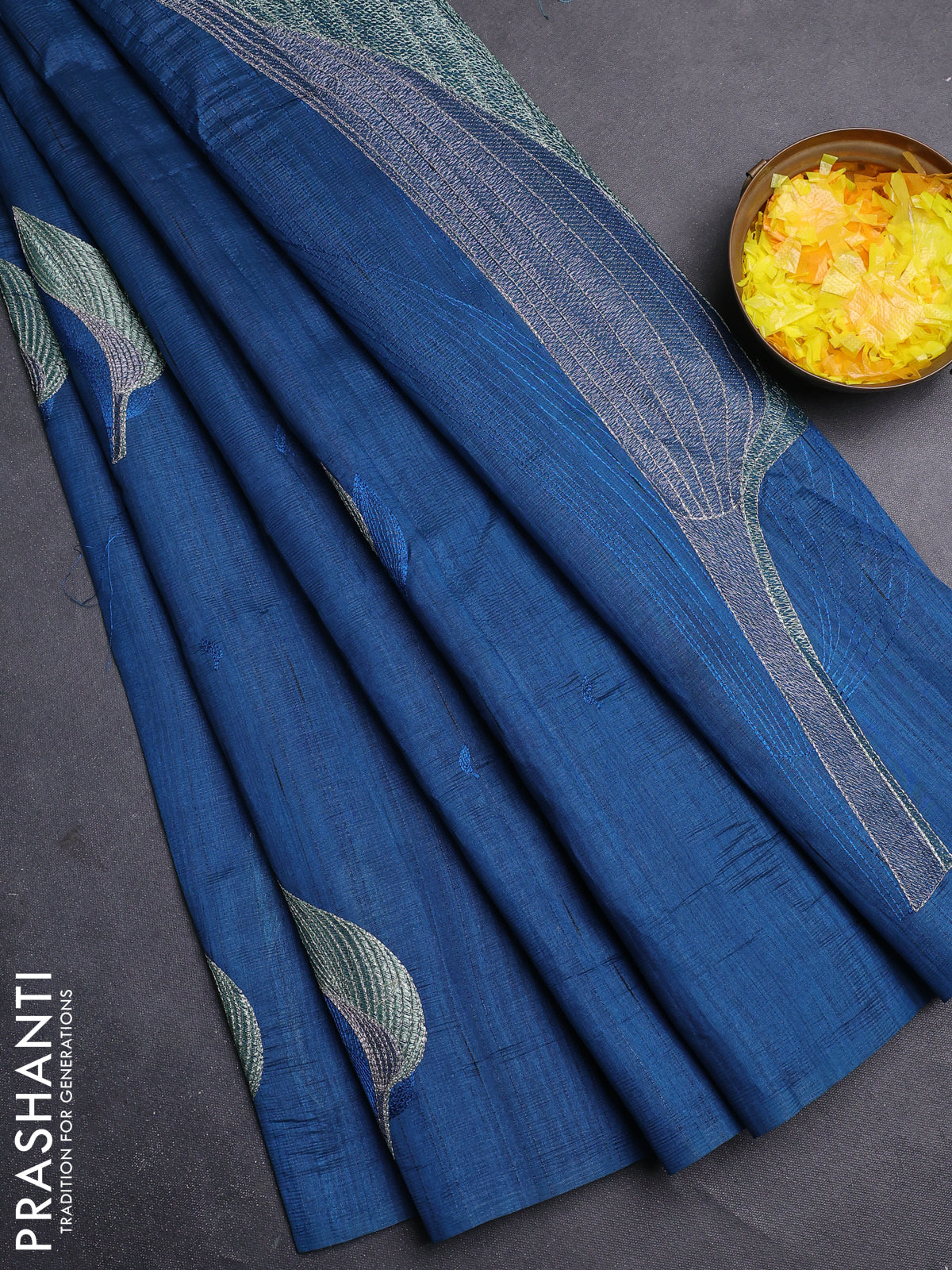 Semi raw silk saree peacock blue with leaf embroidery buttas in borderless style