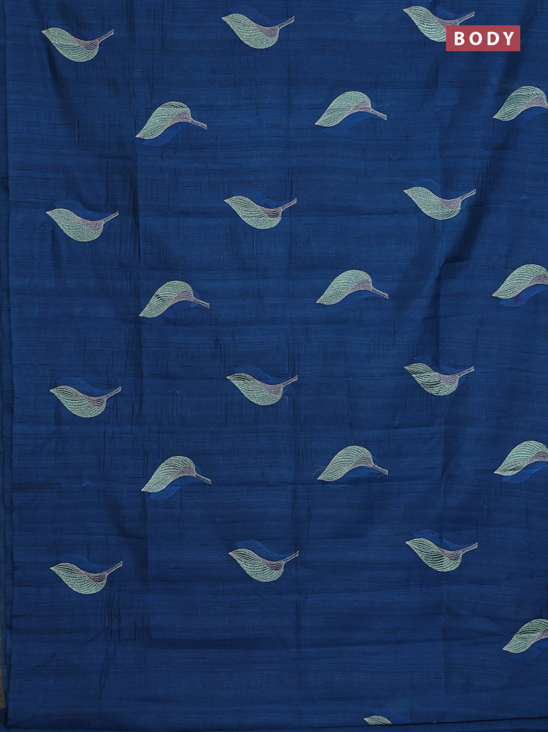 Semi raw silk saree peacock blue with leaf embroidery buttas in borderless style