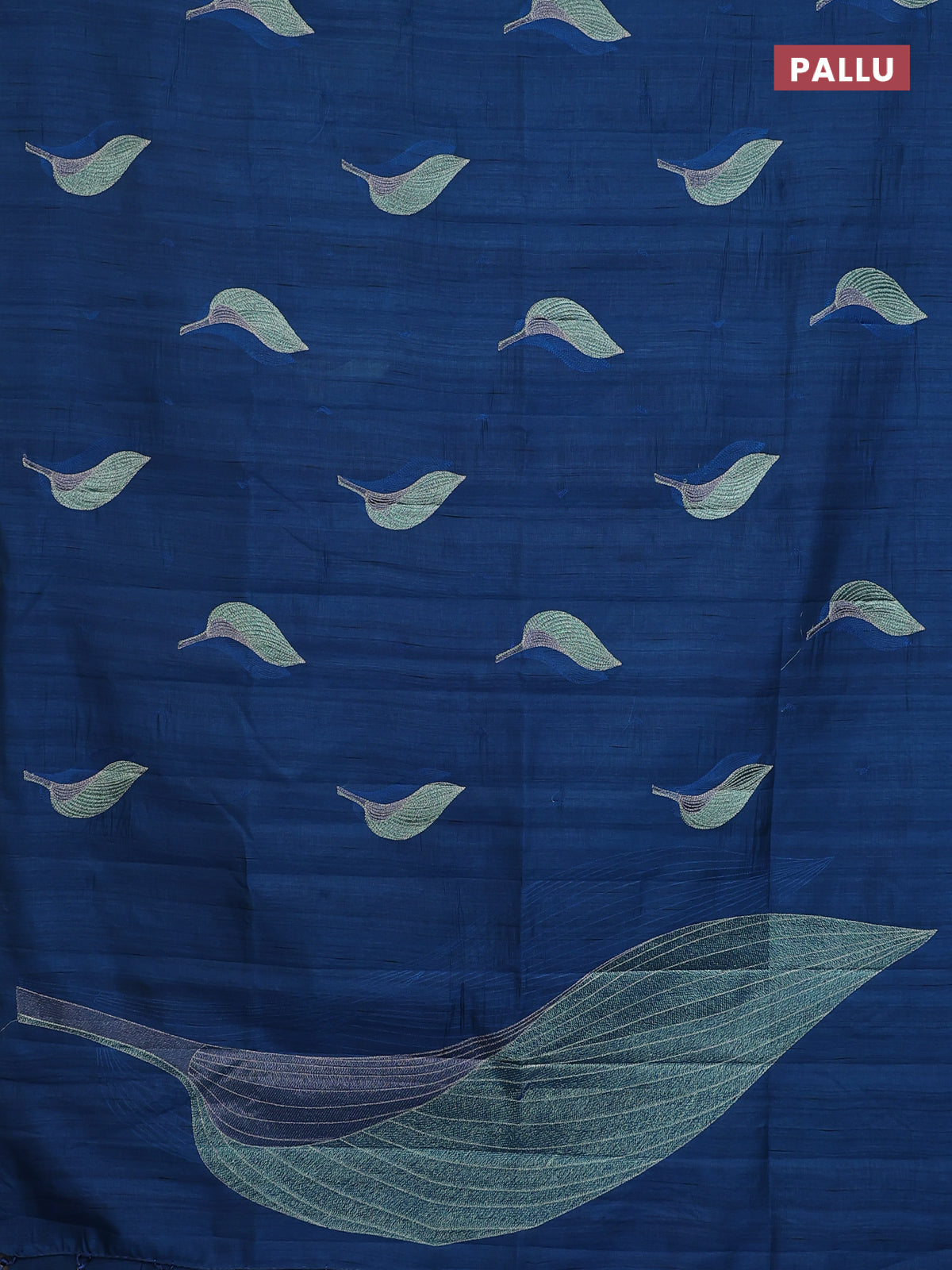 Semi raw silk saree peacock blue with leaf embroidery buttas in borderless style