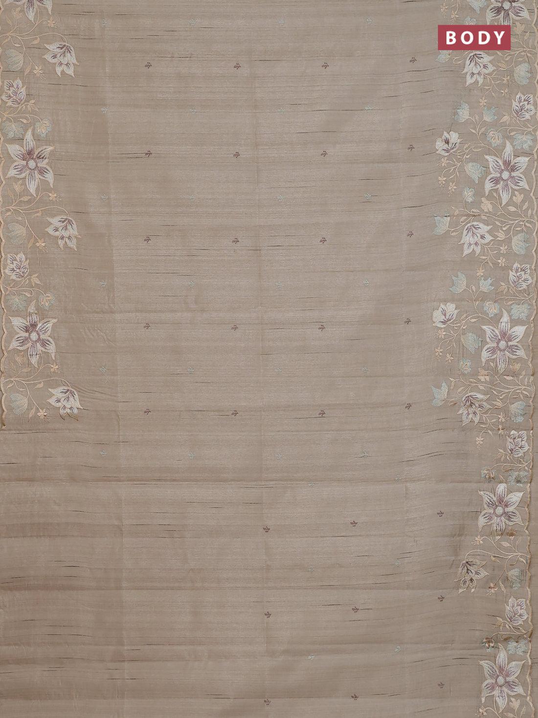 Semi raw silk saree beige with embroidery buttas and floral embroidery border