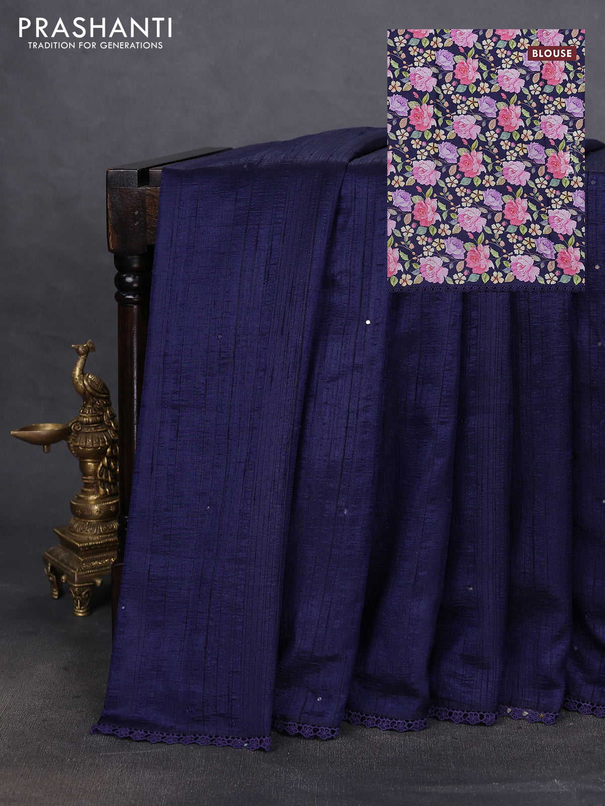 Semi raw silk saree navy blue with allover mirror work and lace work border