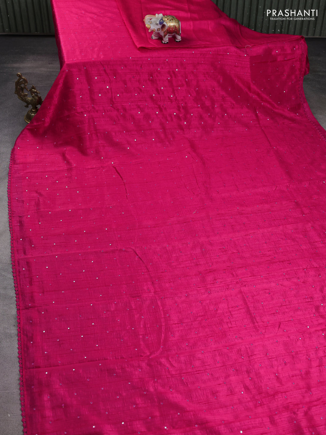 Semi raw silk saree pink with allover mirror work and lace work border
