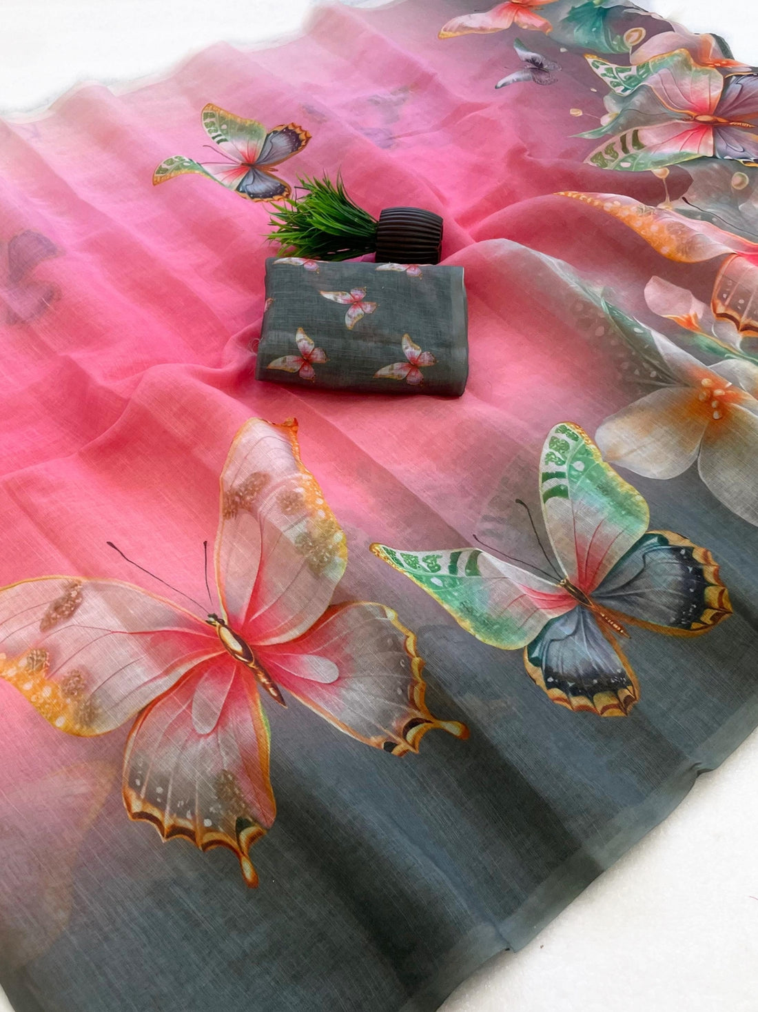 Pink & Charcoal Butterfly Saree