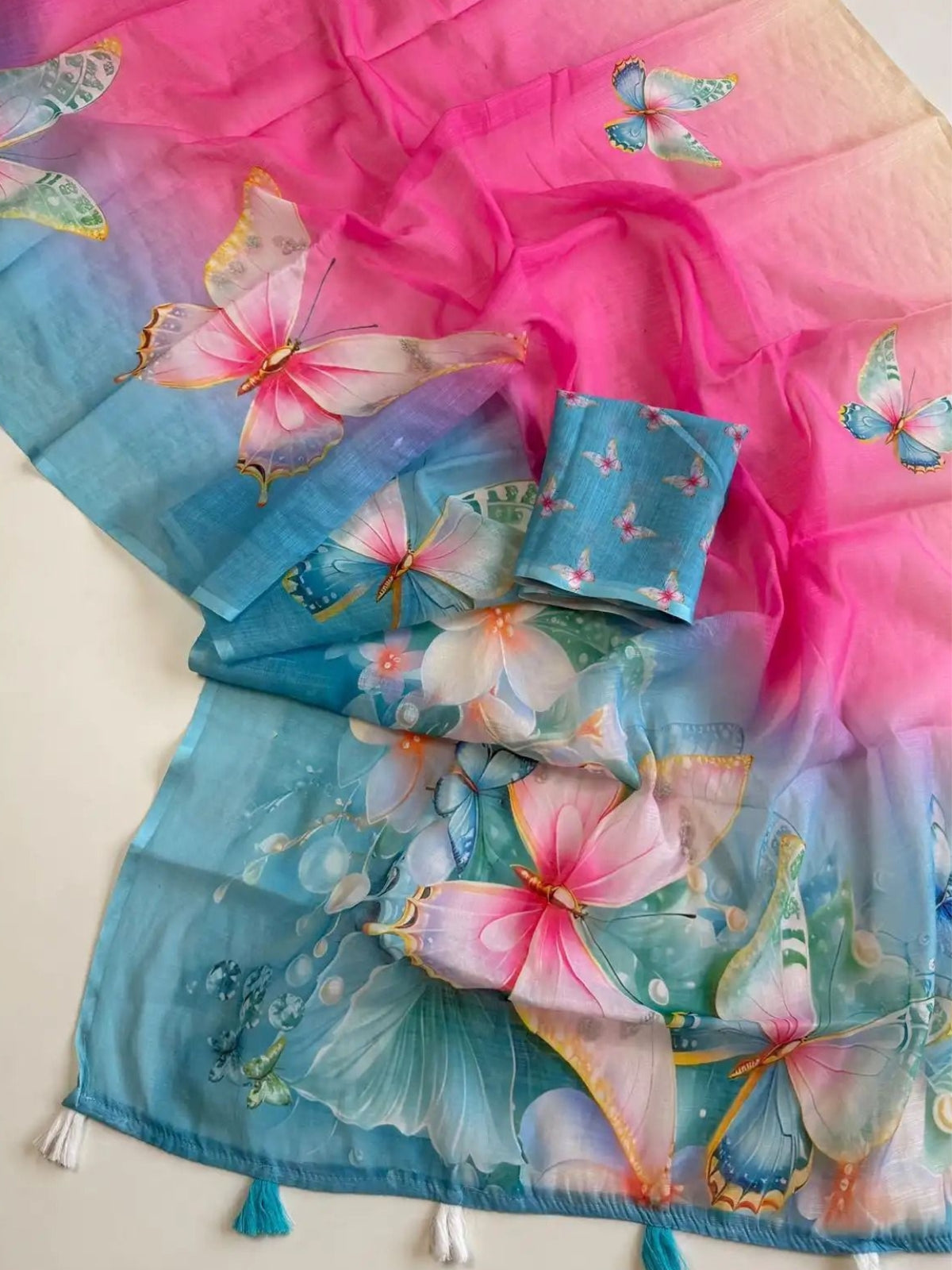 Butterfly Blossom Ombre Linen Saree