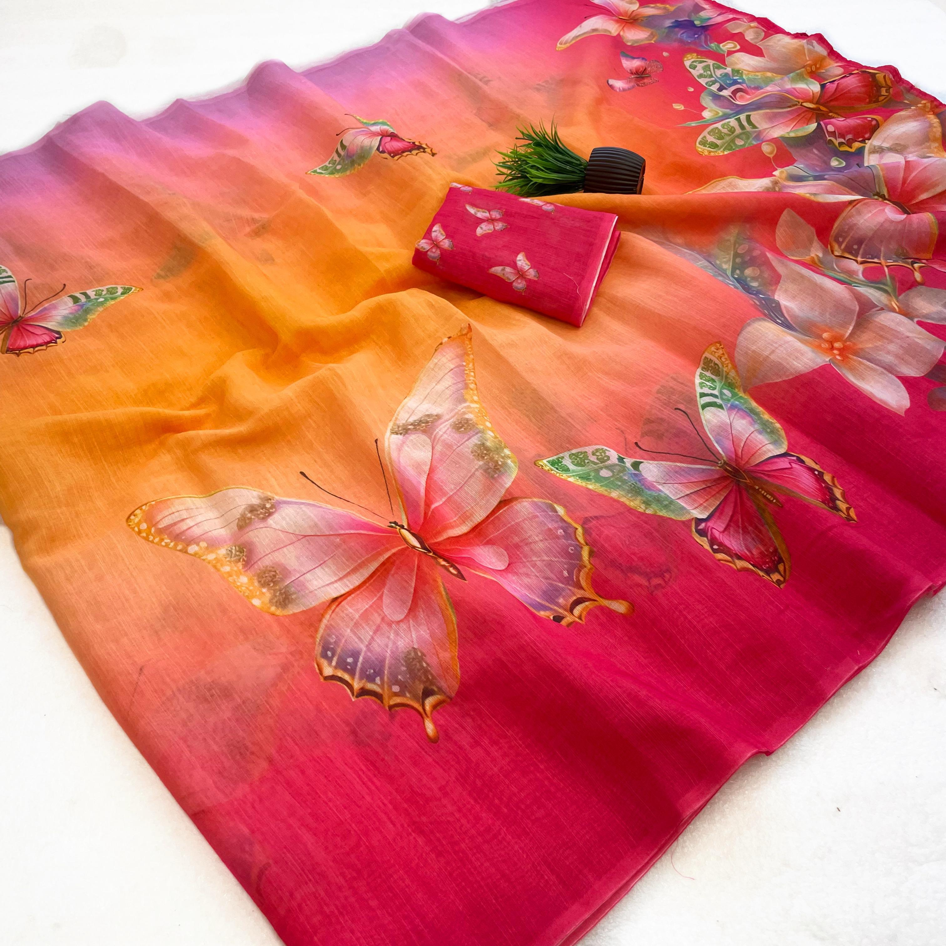 Butterfly Blossom Ombre Linen saree