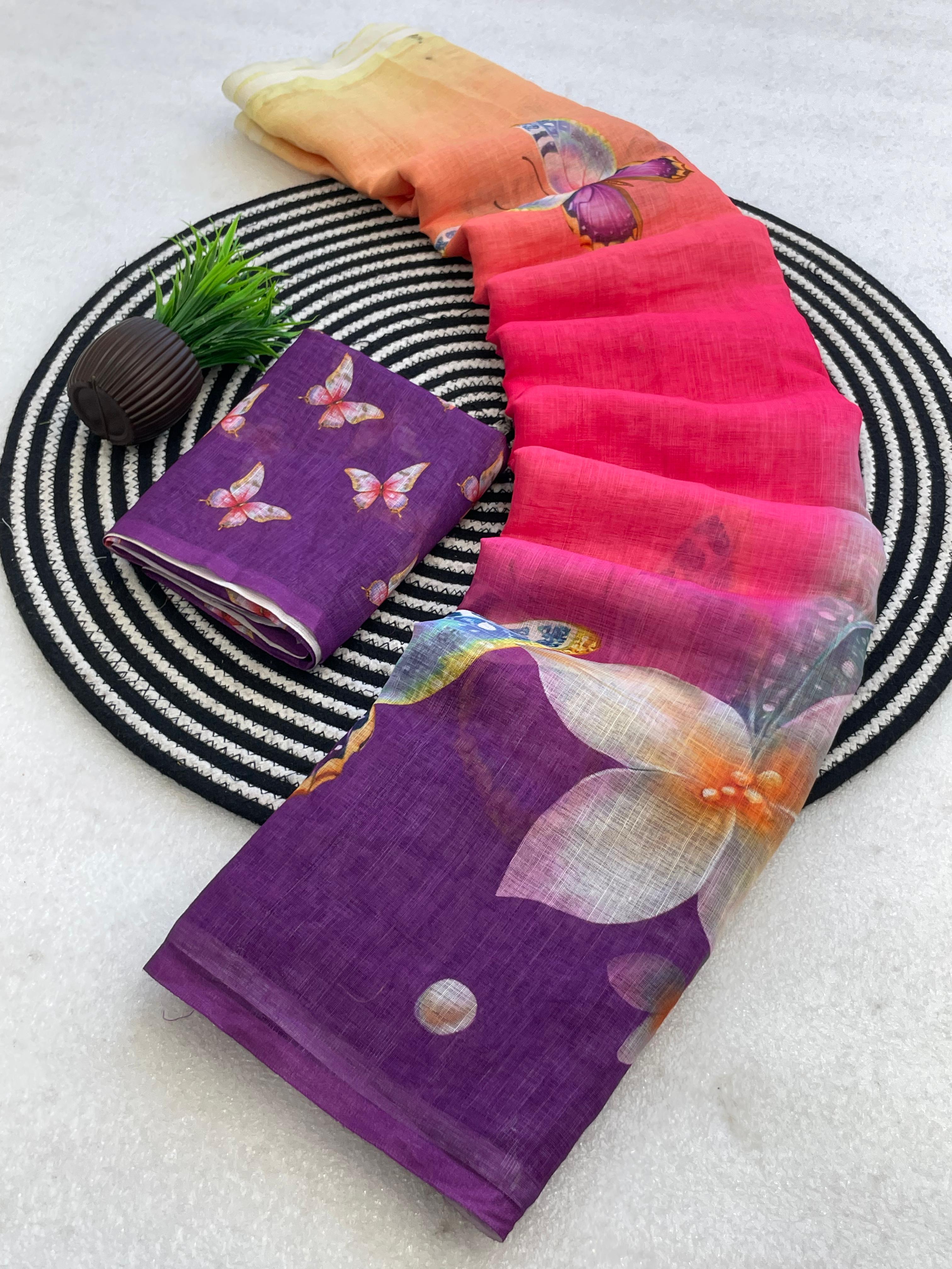 Butterfly Blossom Ombre Linen Saree
