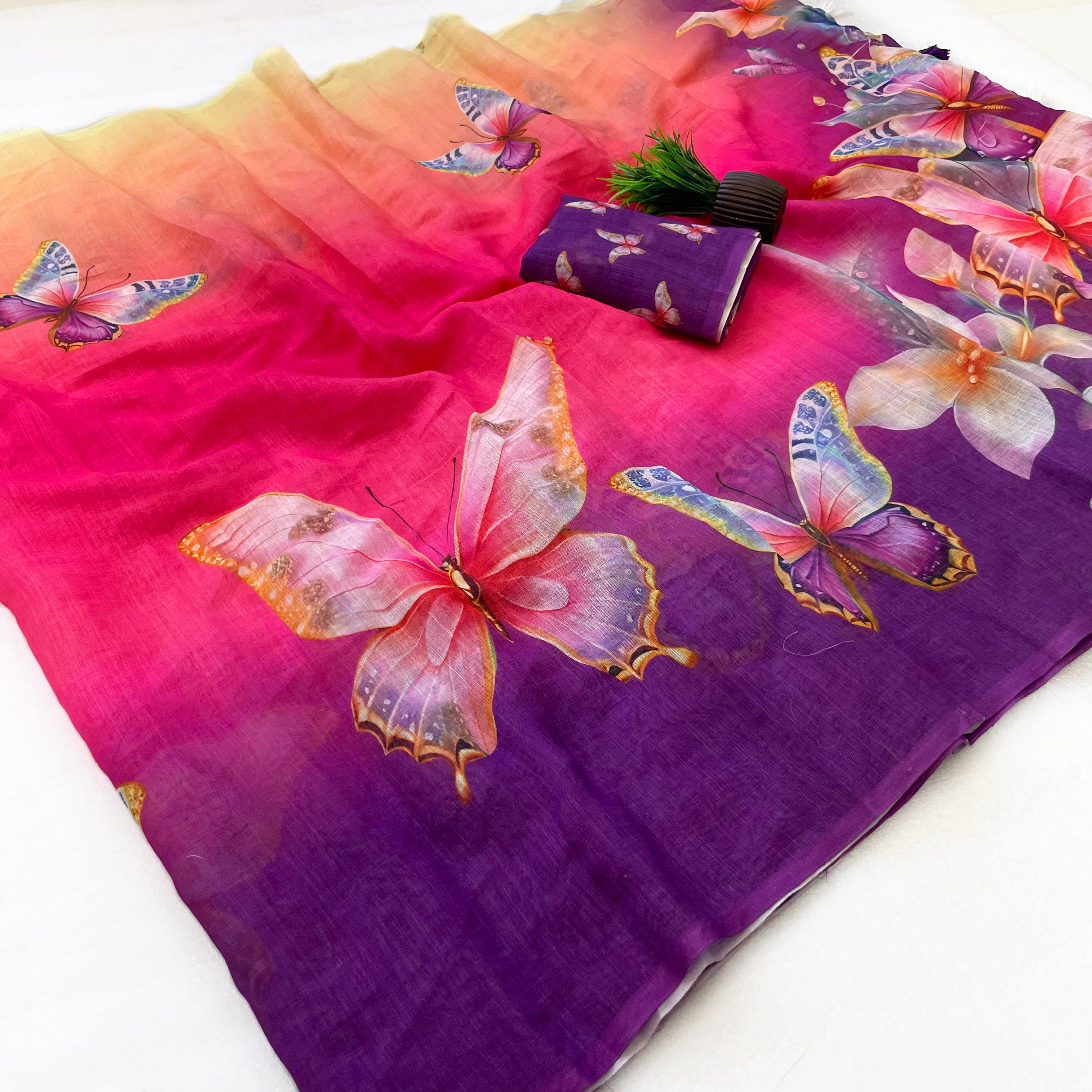 Butterfly Blossom Ombre Linen Saree