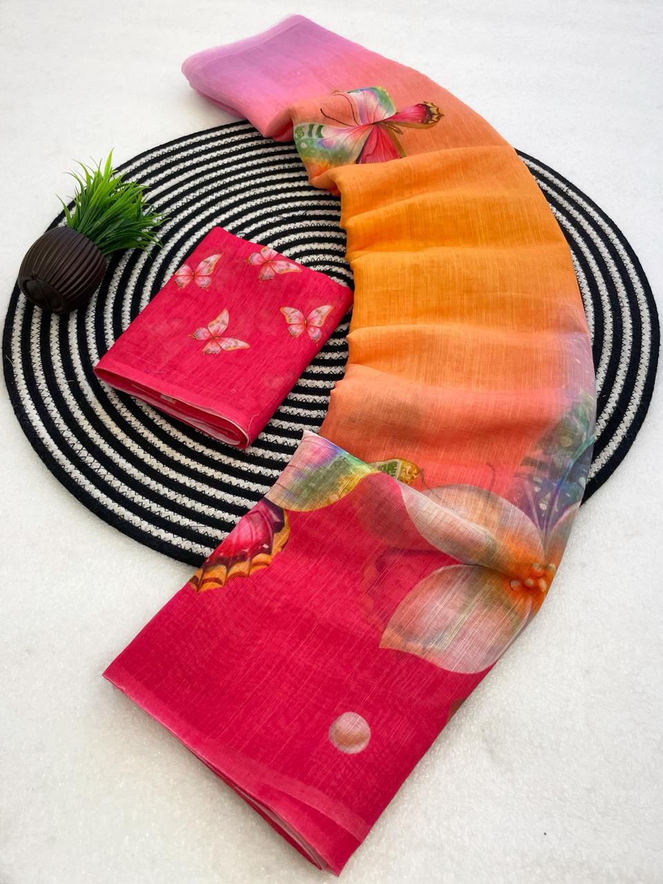 Butterfly Blossom Ombre Linen saree