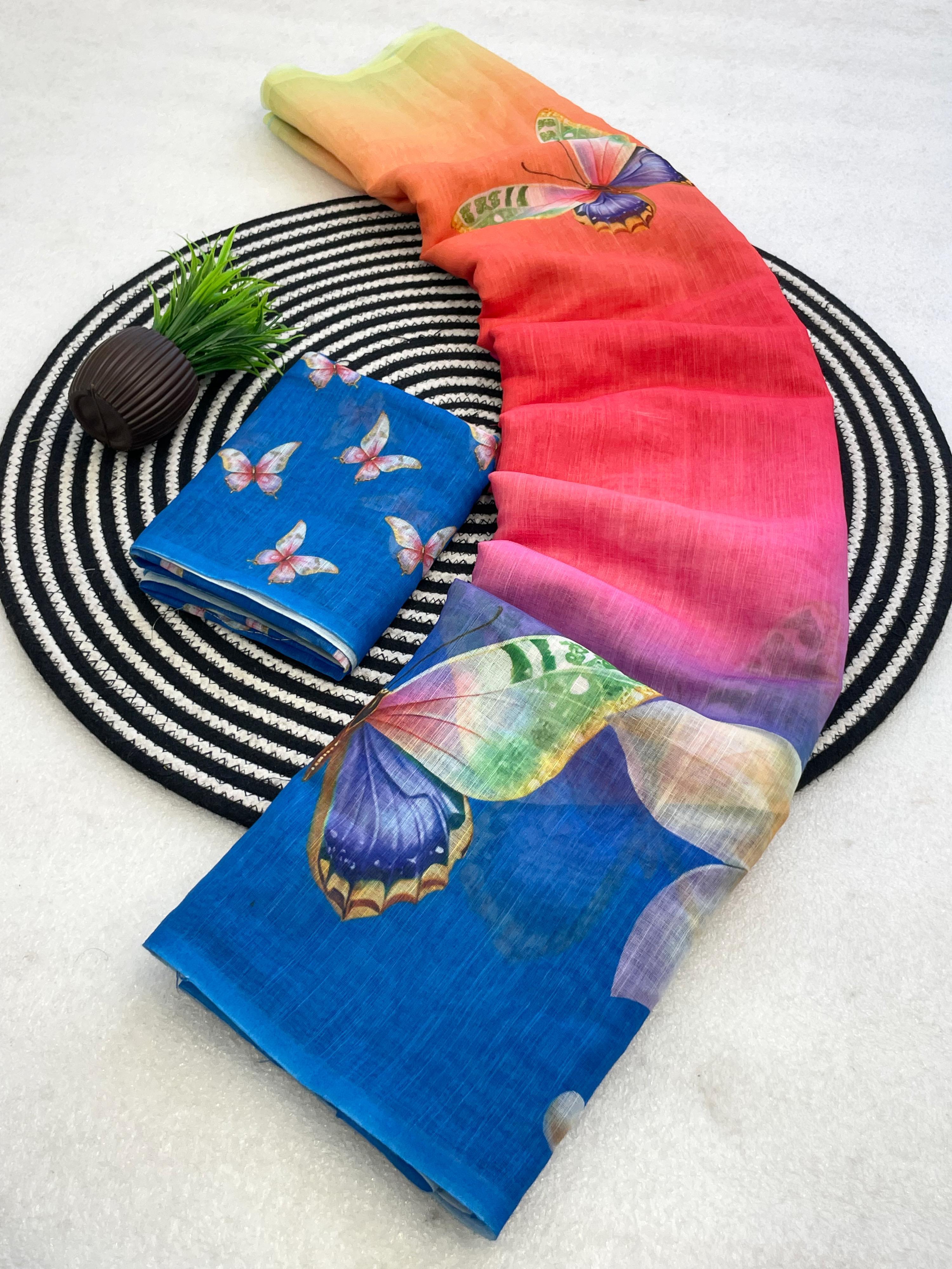 Butterfly Blossom Ombre Linen Saree