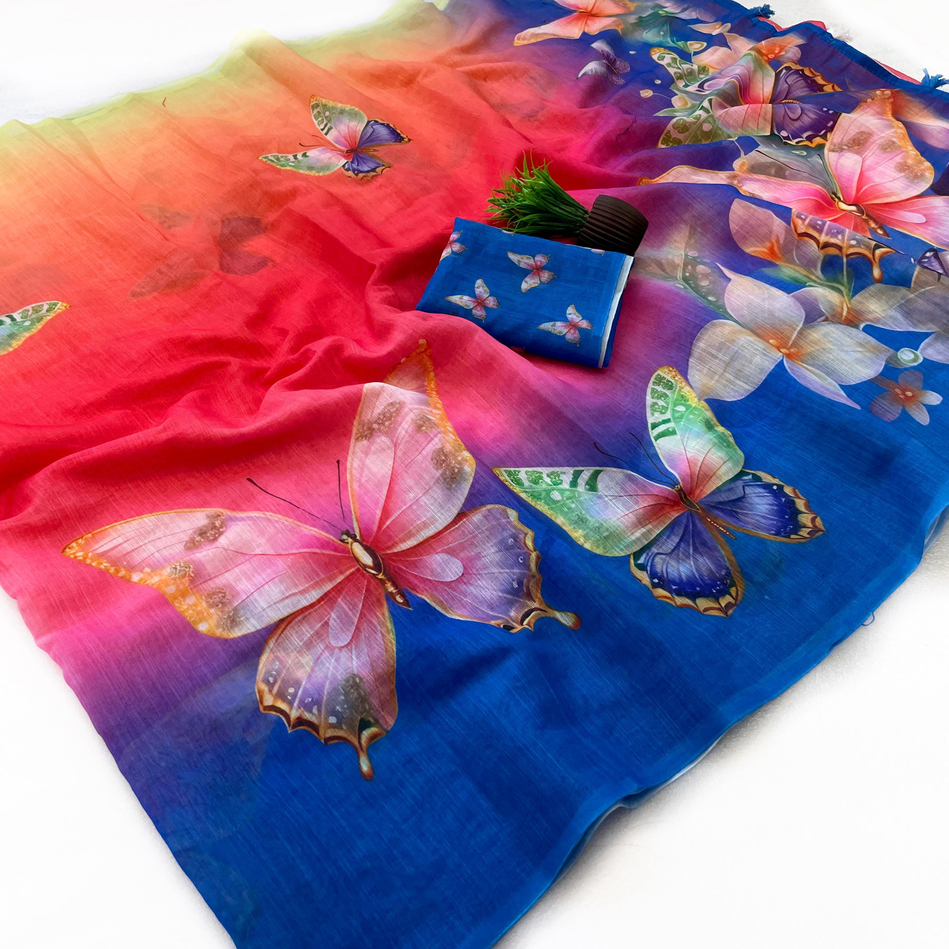 Butterfly Blossom Ombre Linen Saree
