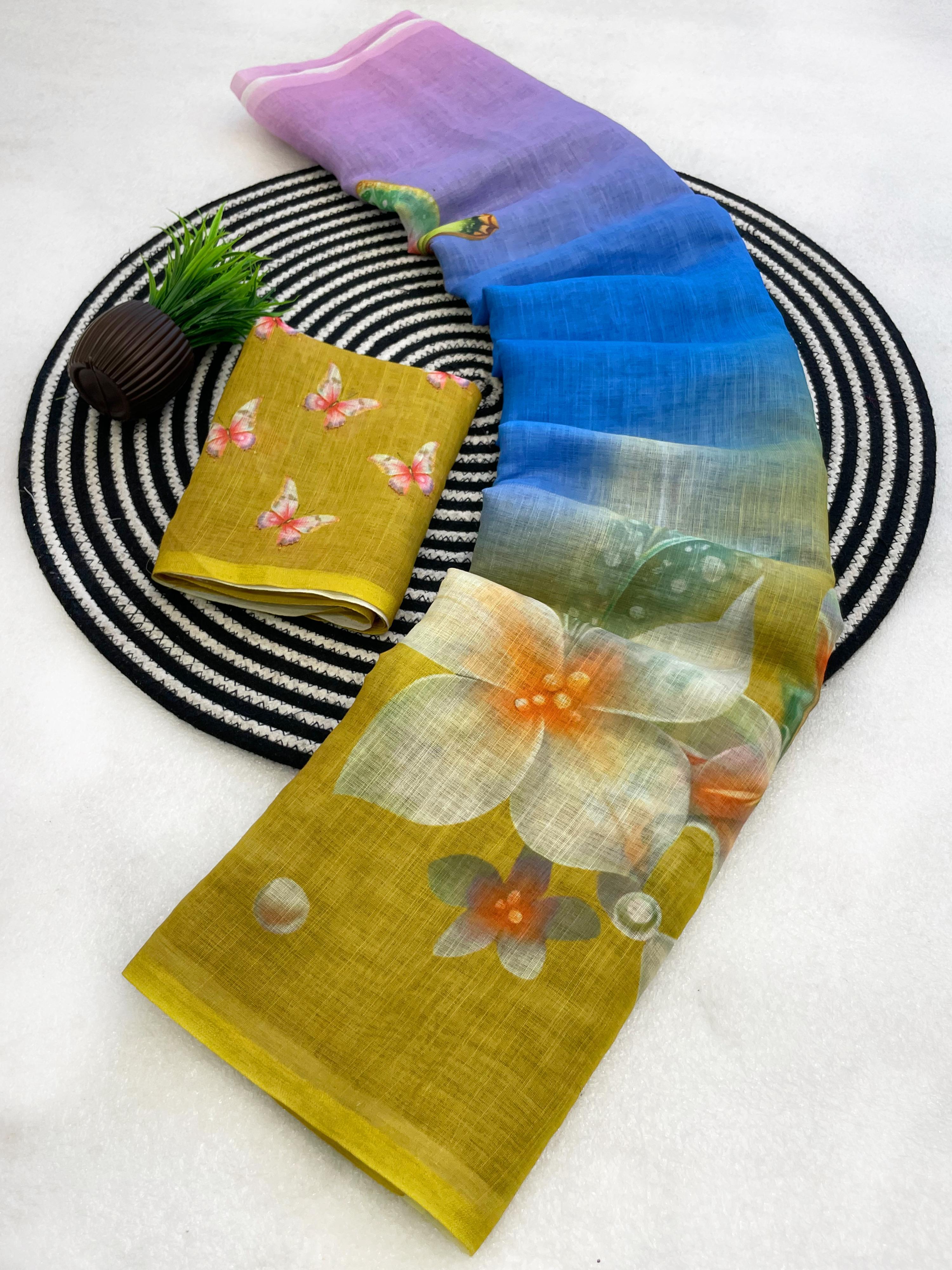 Butterfly Blossom Ombre Linen Saree